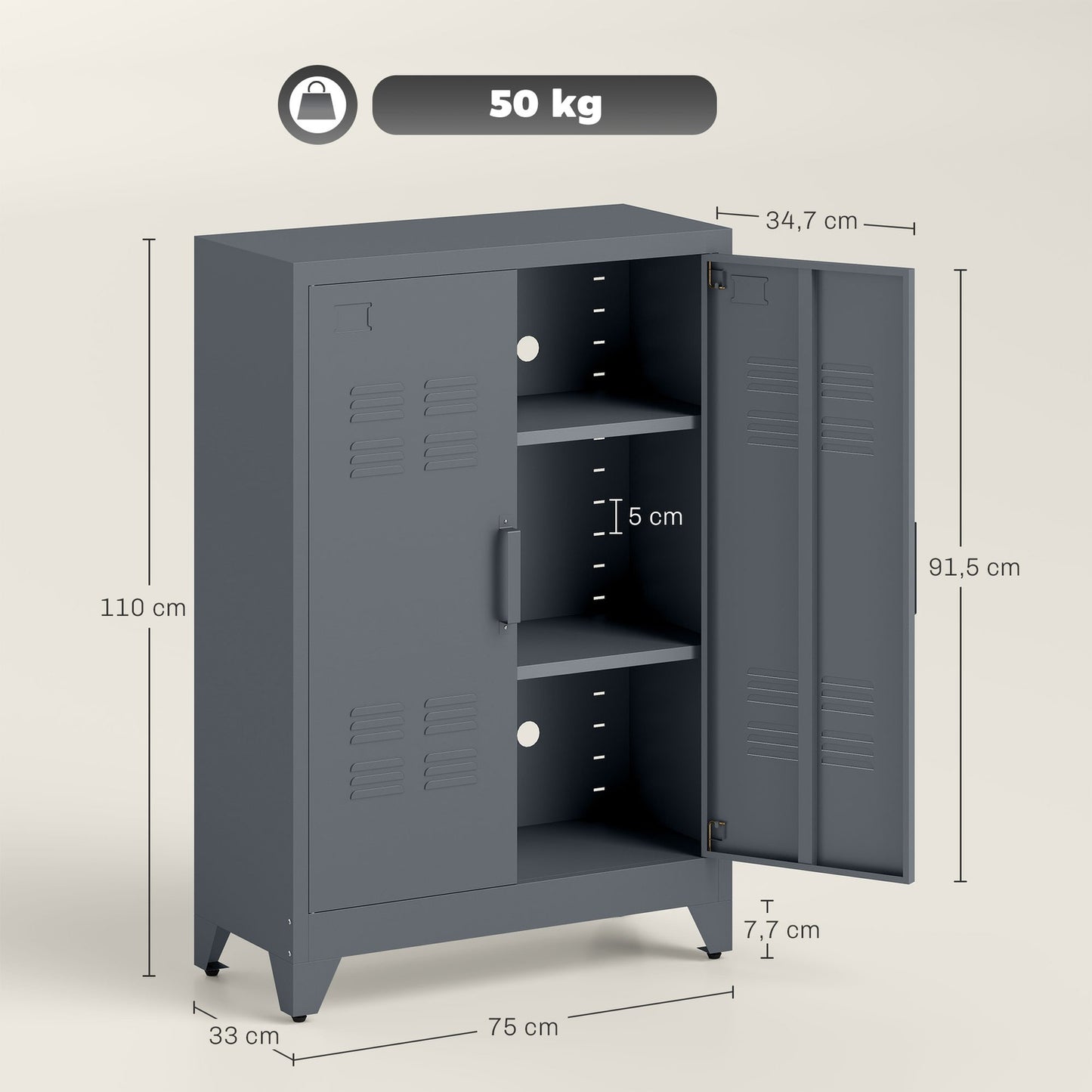 Metal Storage Cabinet with Louvre Doors, Adjustable Shelves, 75x33x110 cm