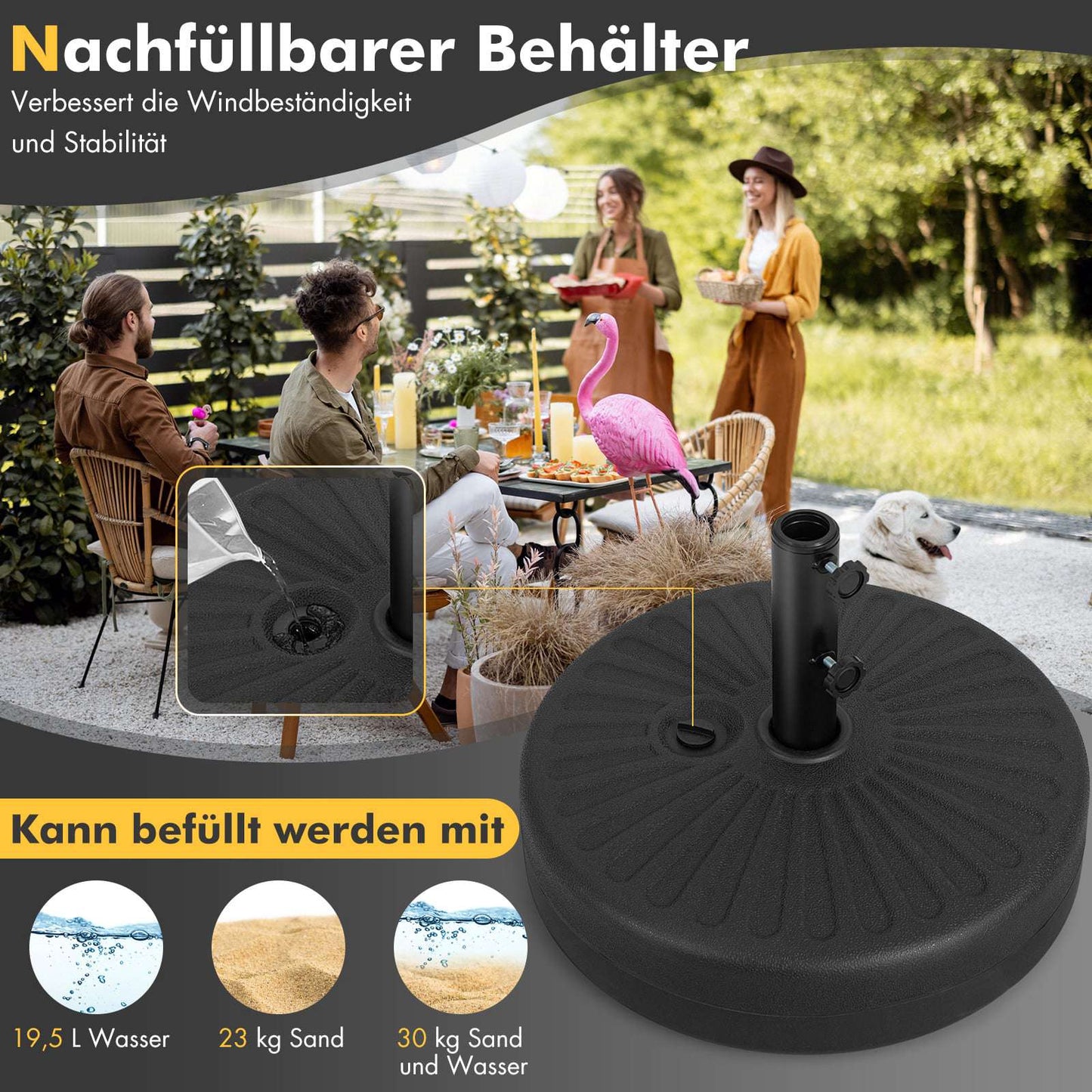 Fillable Umbrella Base, 19.5L Water or 23kg Sand Capacity
