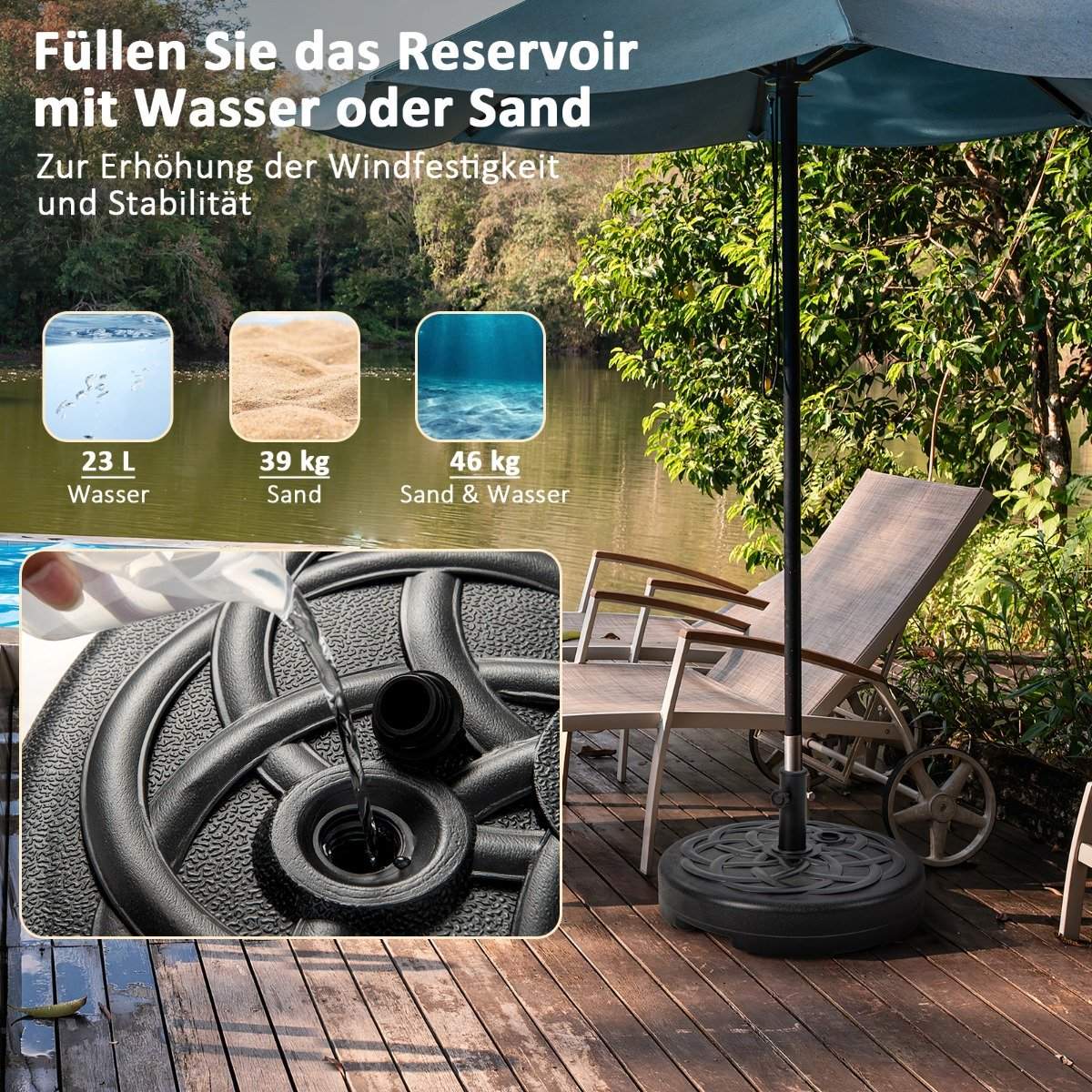 Fillable round umbrella stand with 56 cm diameter for a maximum of 46 kg black