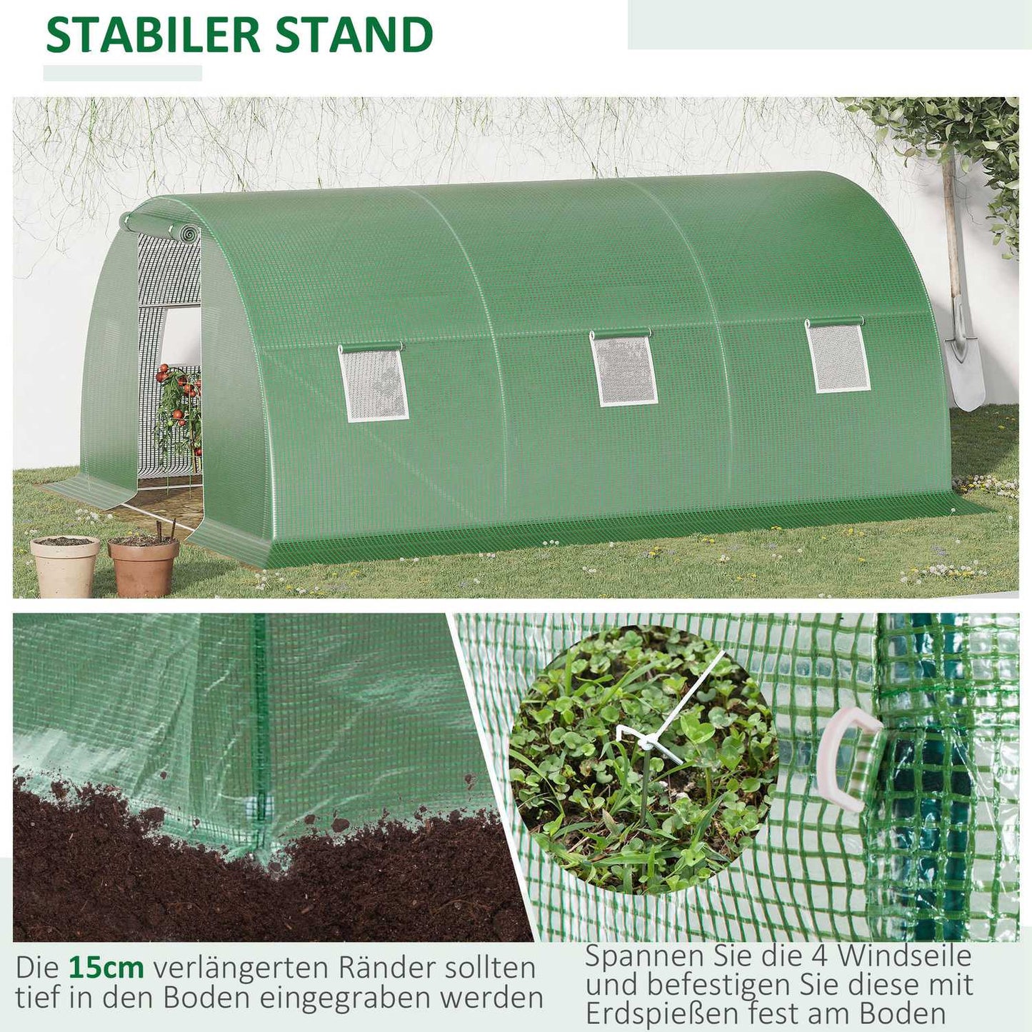 Walk-In Greenhouse Polytunnel 4.5x3m, 6 windows, Frost-resistant