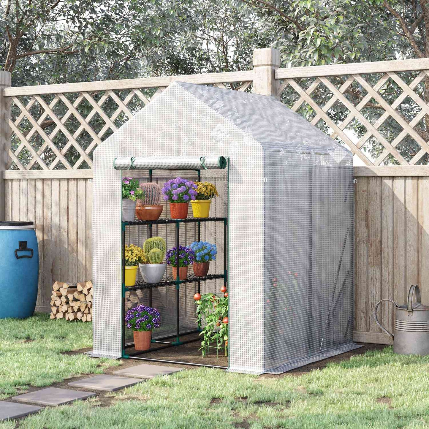 Walk-In tomato greenhouse, 4 shelves, steel frame, 143x143x195 cm