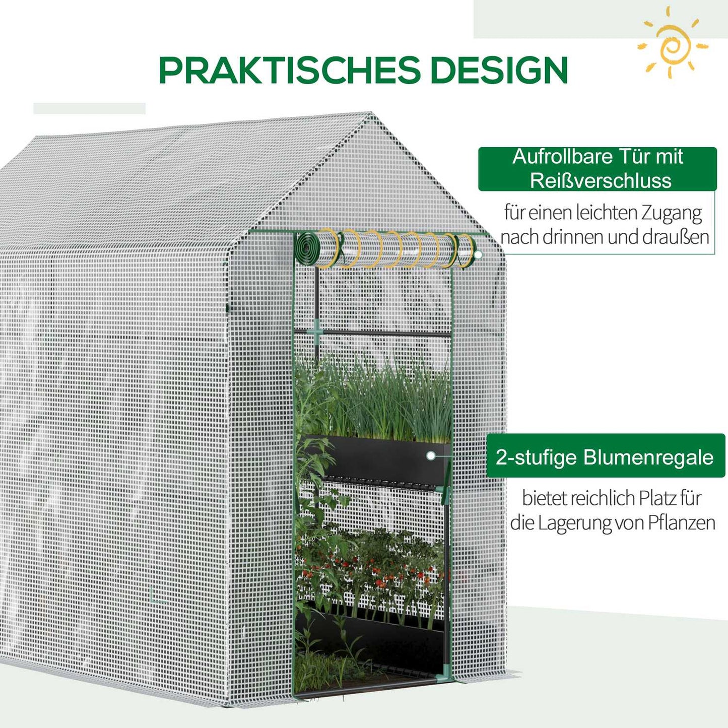 Walk-in greenhouse with 4 shelves, PE cover, 120x186x190 cm
