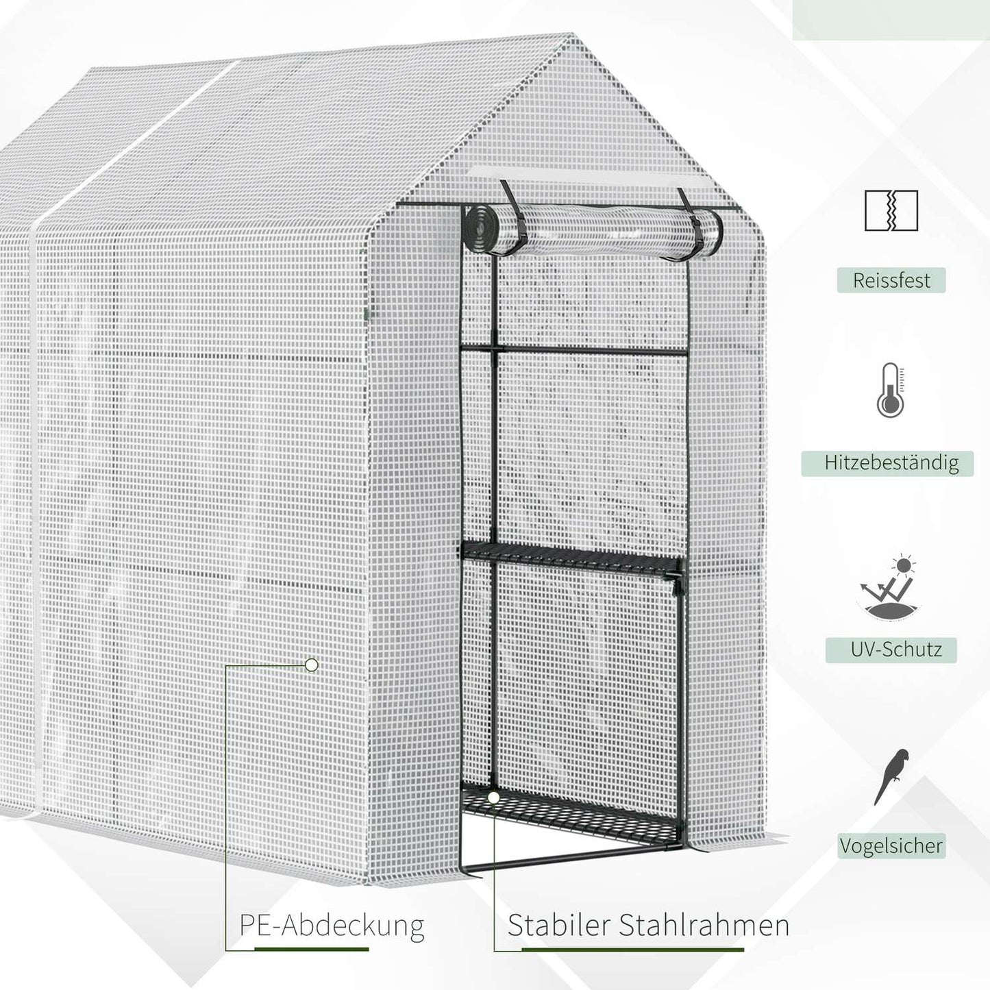 Walk-in greenhouse with 4 shelves, PE cover, 120x186x190 cm