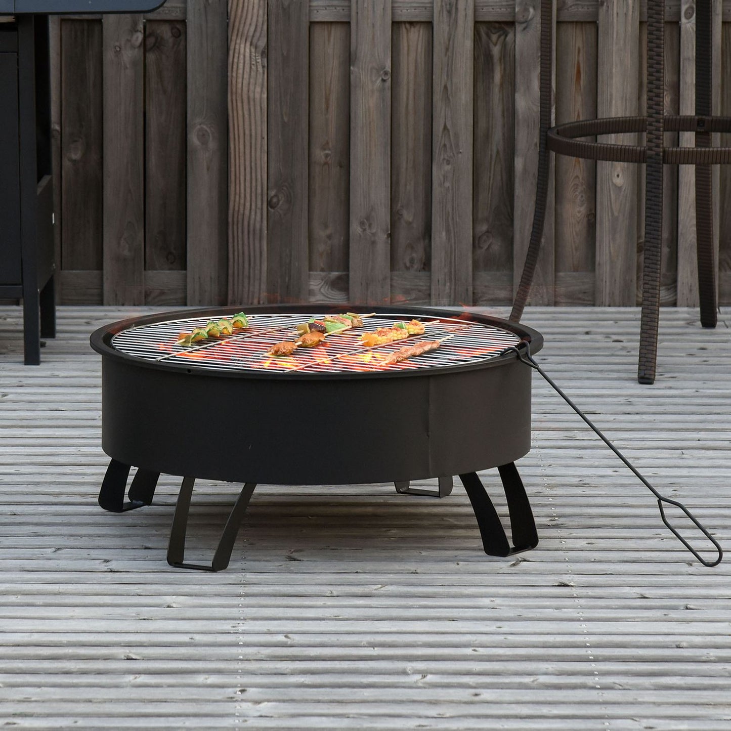 Fire Pit & BBQ Grill with spark guard, black Ø76 cm