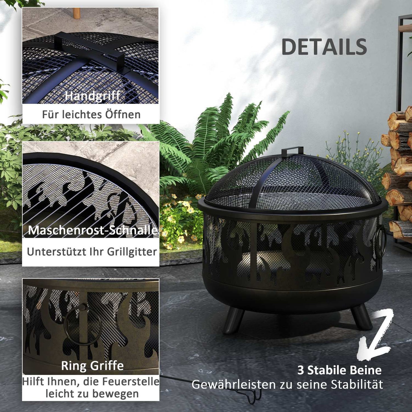 Fire bowl with spark guard & grill - metal, Ø61cm