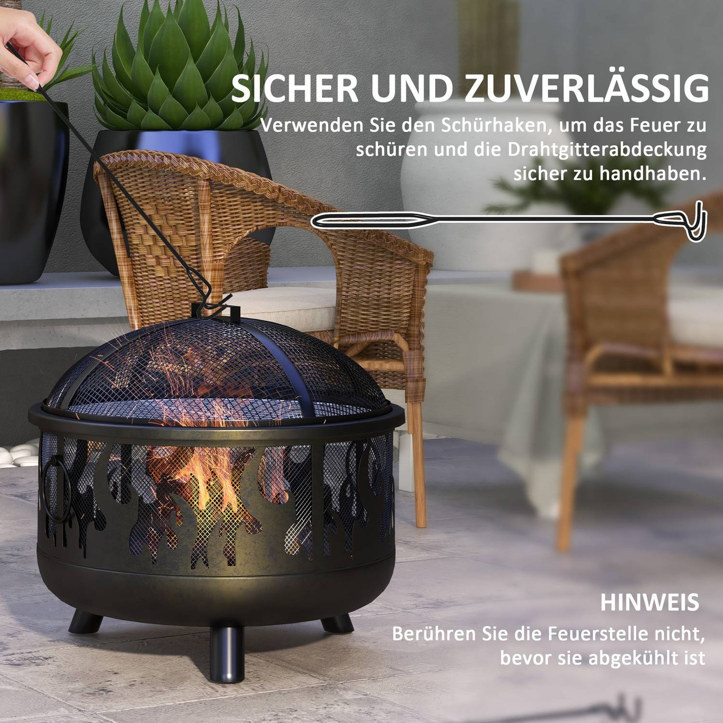 Fire bowl with spark guard & grill - metal, Ø61cm