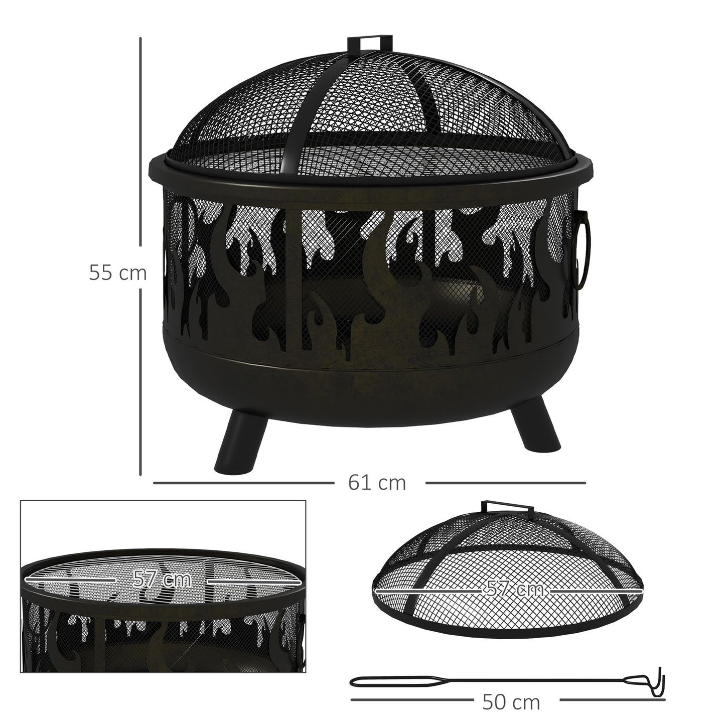 Fire bowl with spark guard & grill - metal, Ø61cm