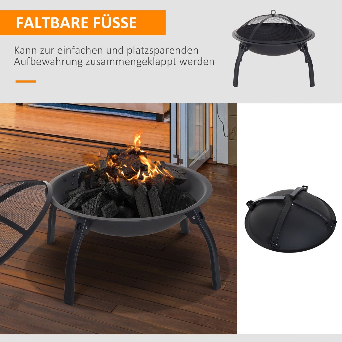 Fireplace with collapsible spark guard, black, 55 cm