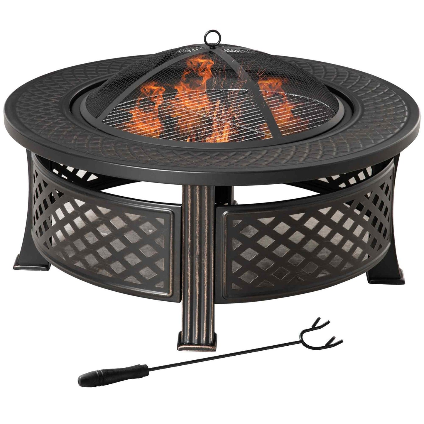 Round steel fireplace with spark protection for garden and barbecue