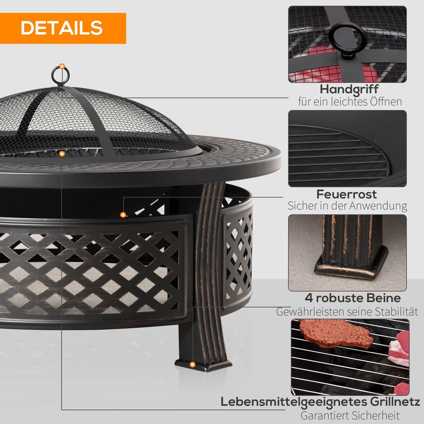 Round steel fireplace with spark protection for garden and barbecue