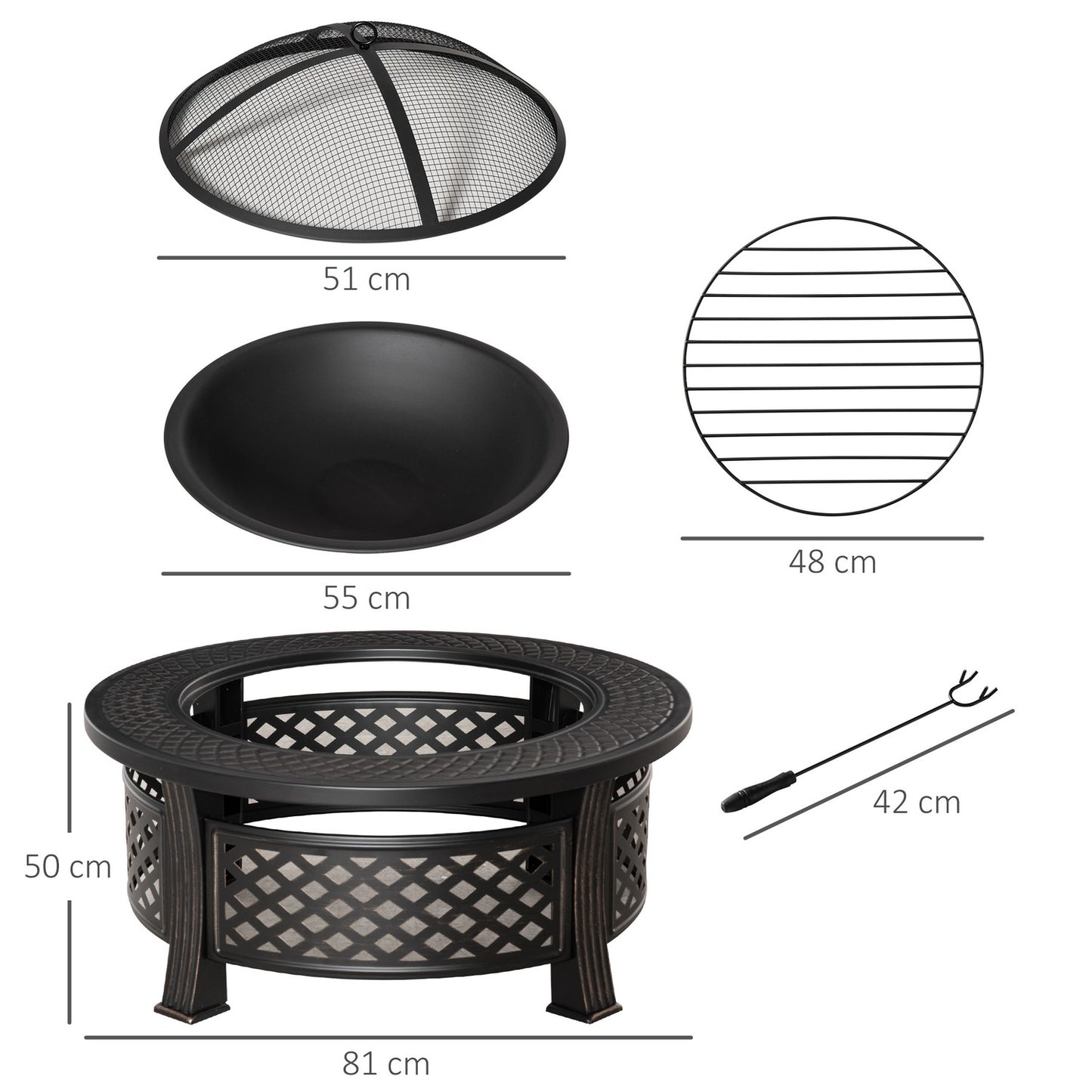 Round steel fireplace with spark protection for garden and barbecue