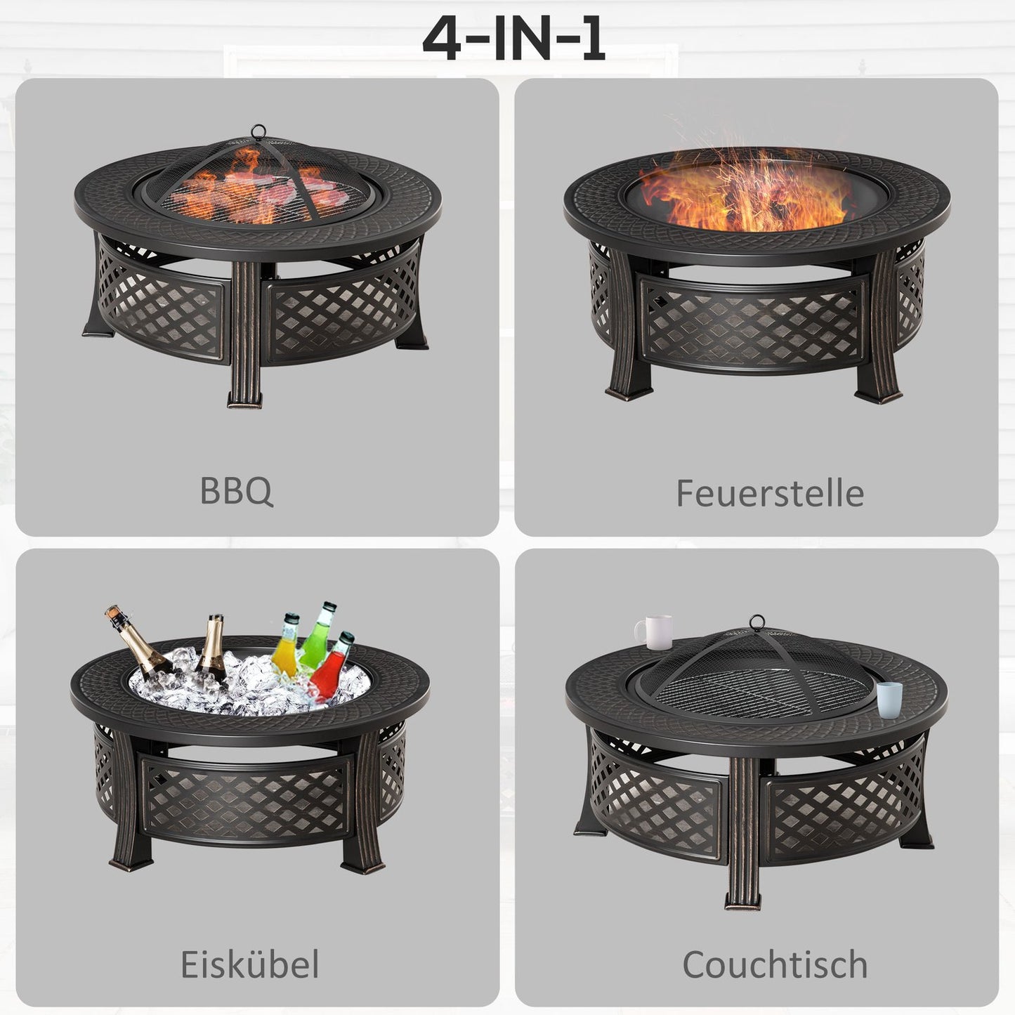 Round steel fireplace with spark protection for garden and barbecue