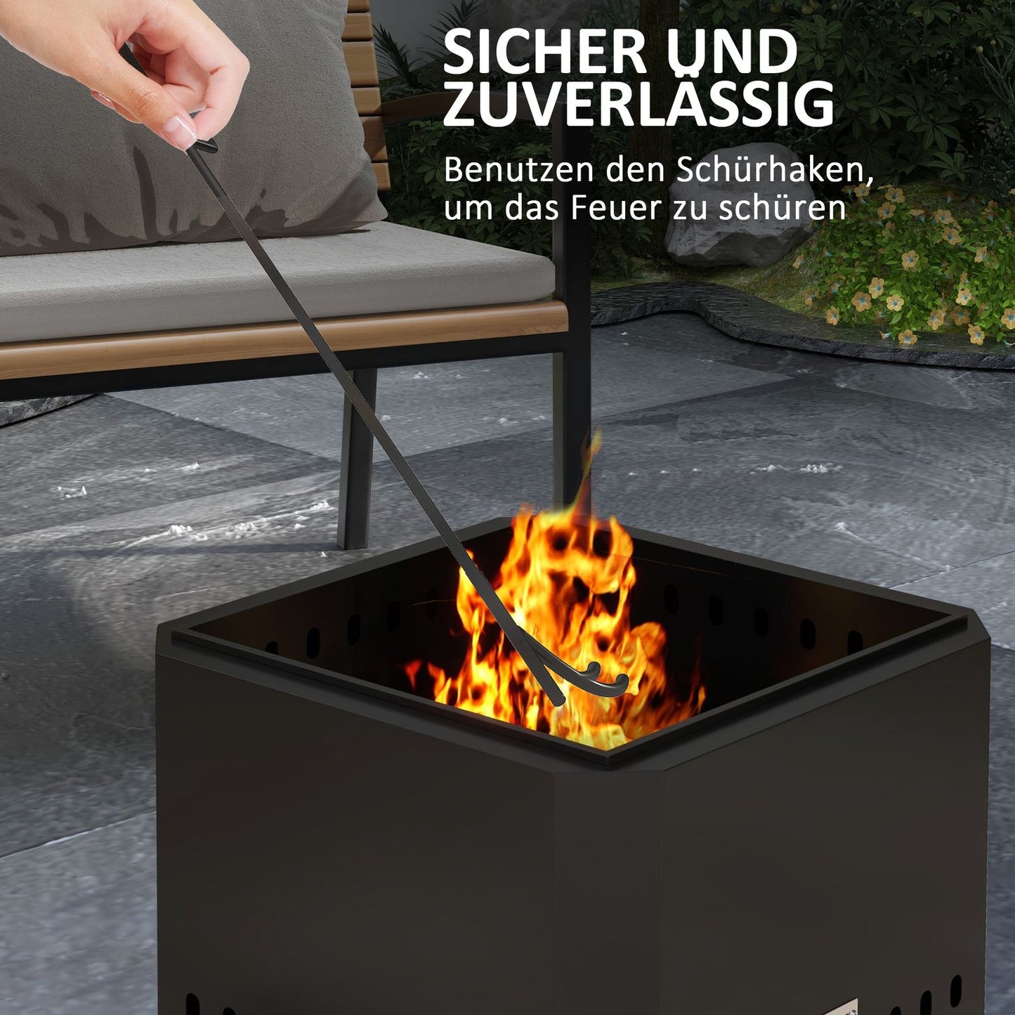 Smokeless square fireplace, black metal, with poker tool
