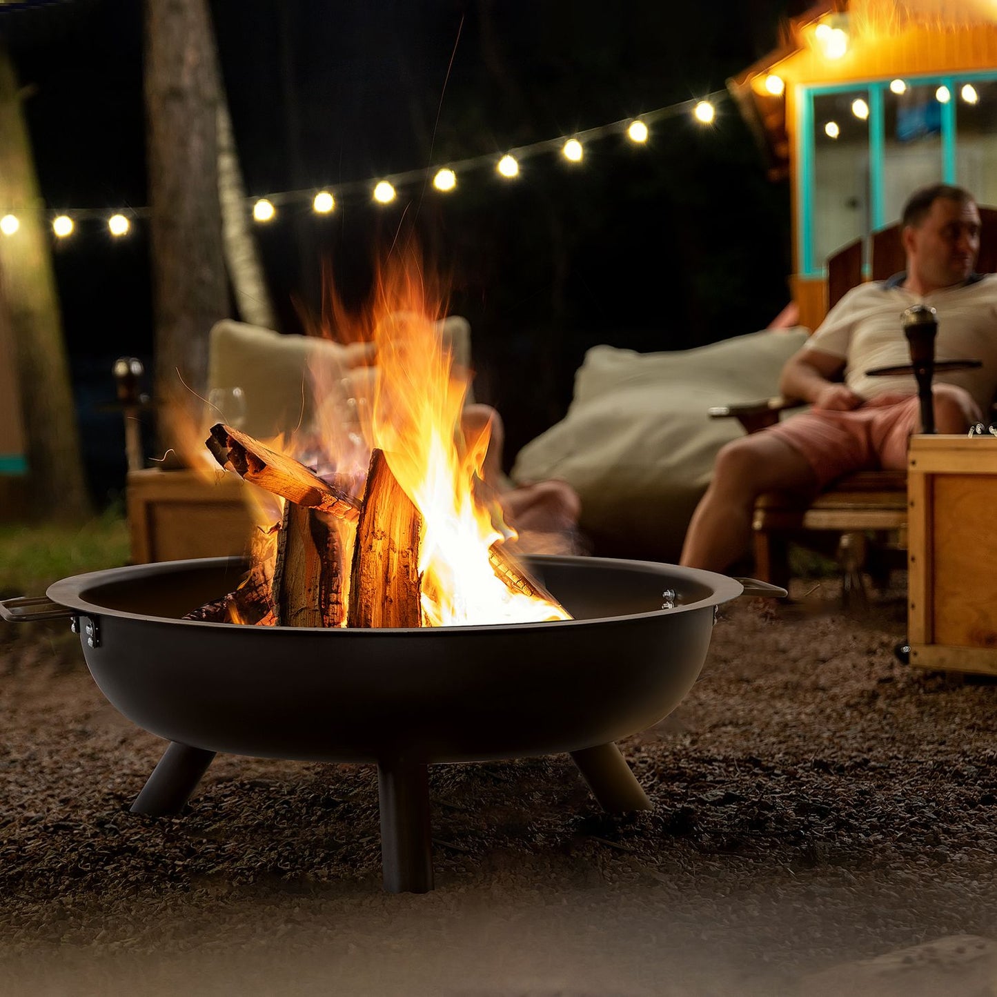 Steel Fire Pit Bowl with Poker - Round, Black, 79cm