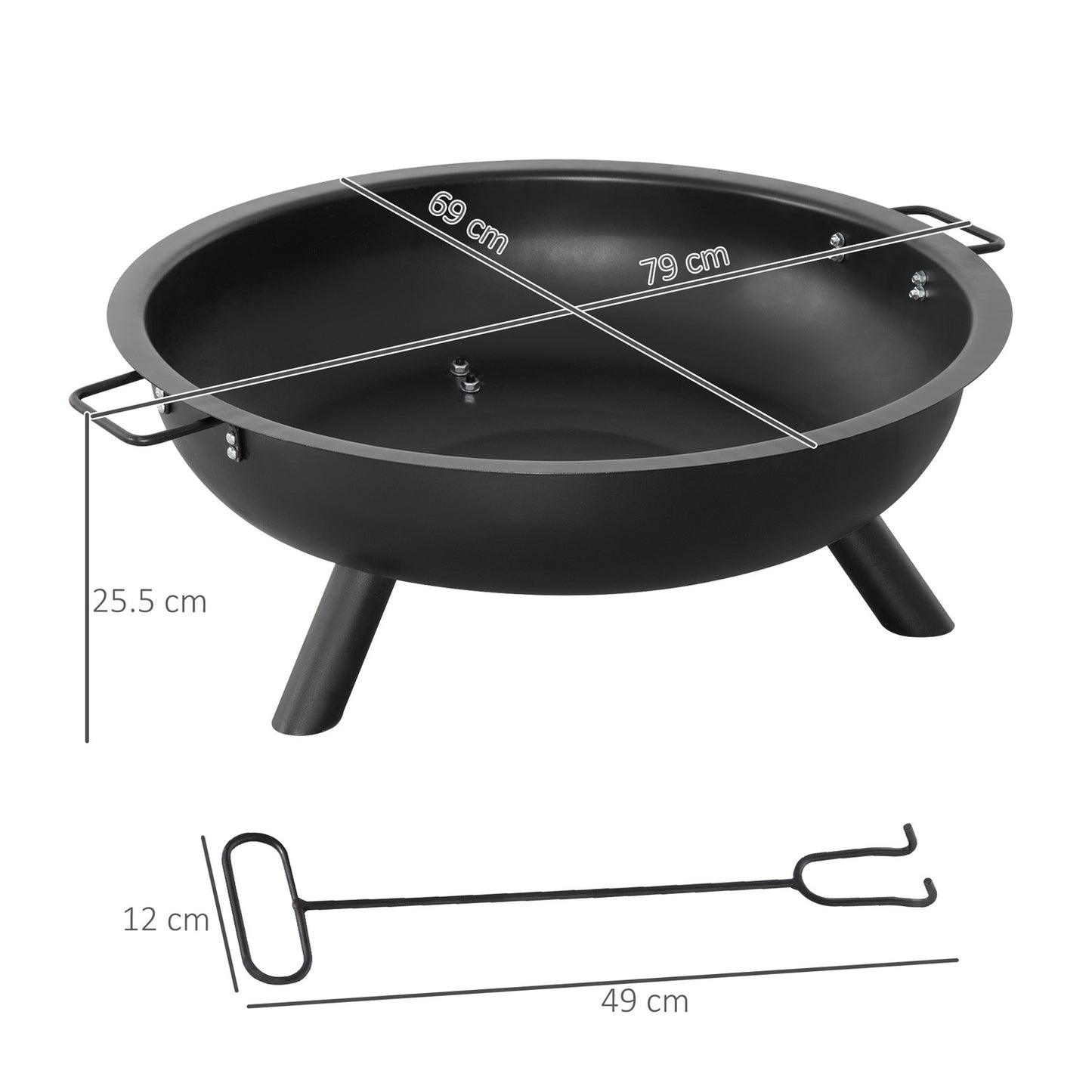 Steel Fire Pit Bowl with Poker - Round, Black, 79cm