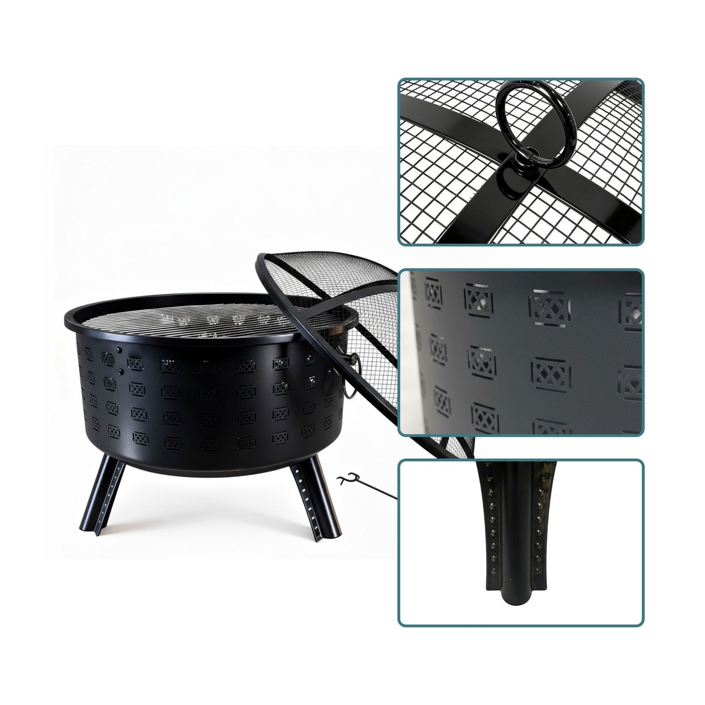 Fire Bowl with Grill Rack – Diamond Pattern, Black