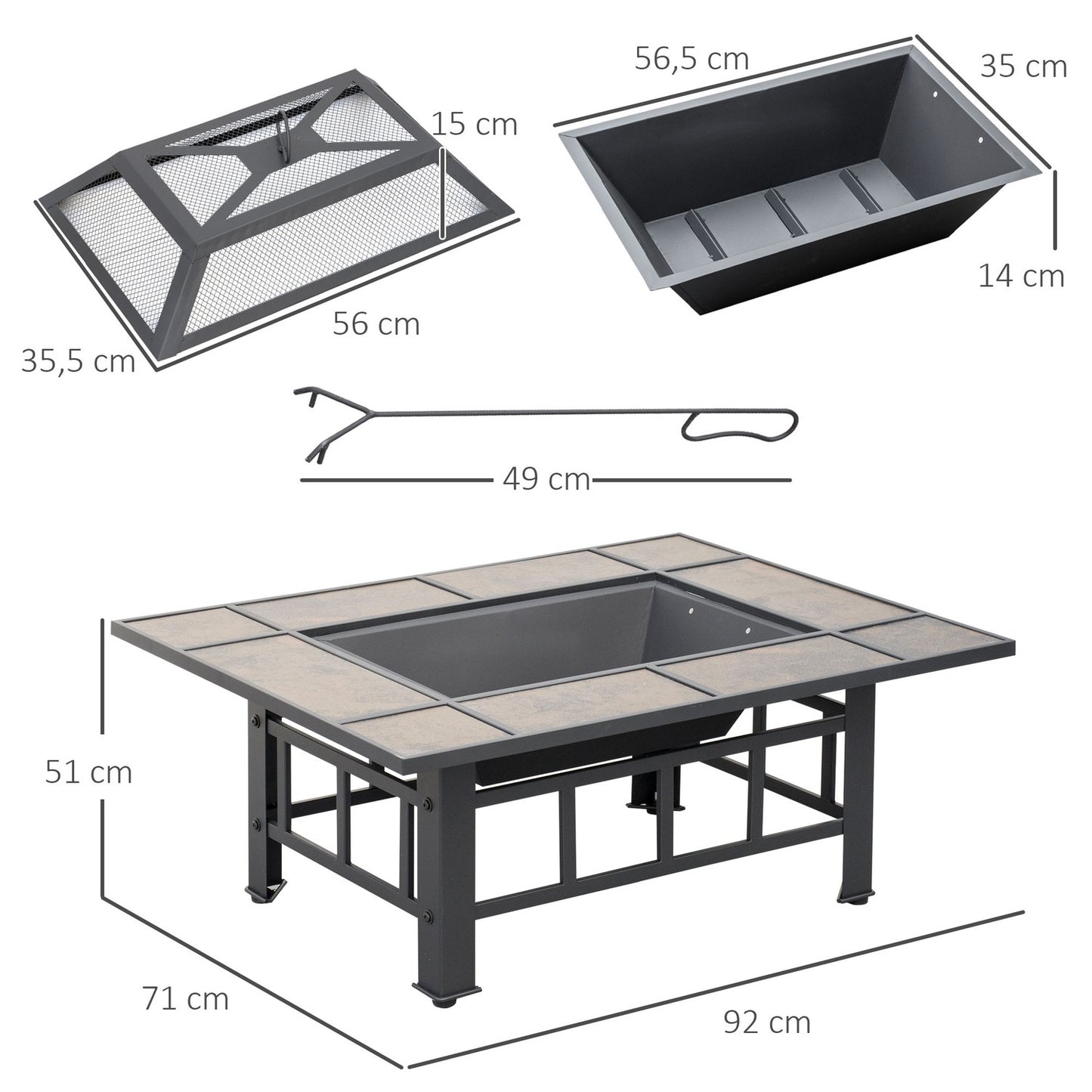 Fire pit in steel with spark protection & lid - 92x71x51 cm