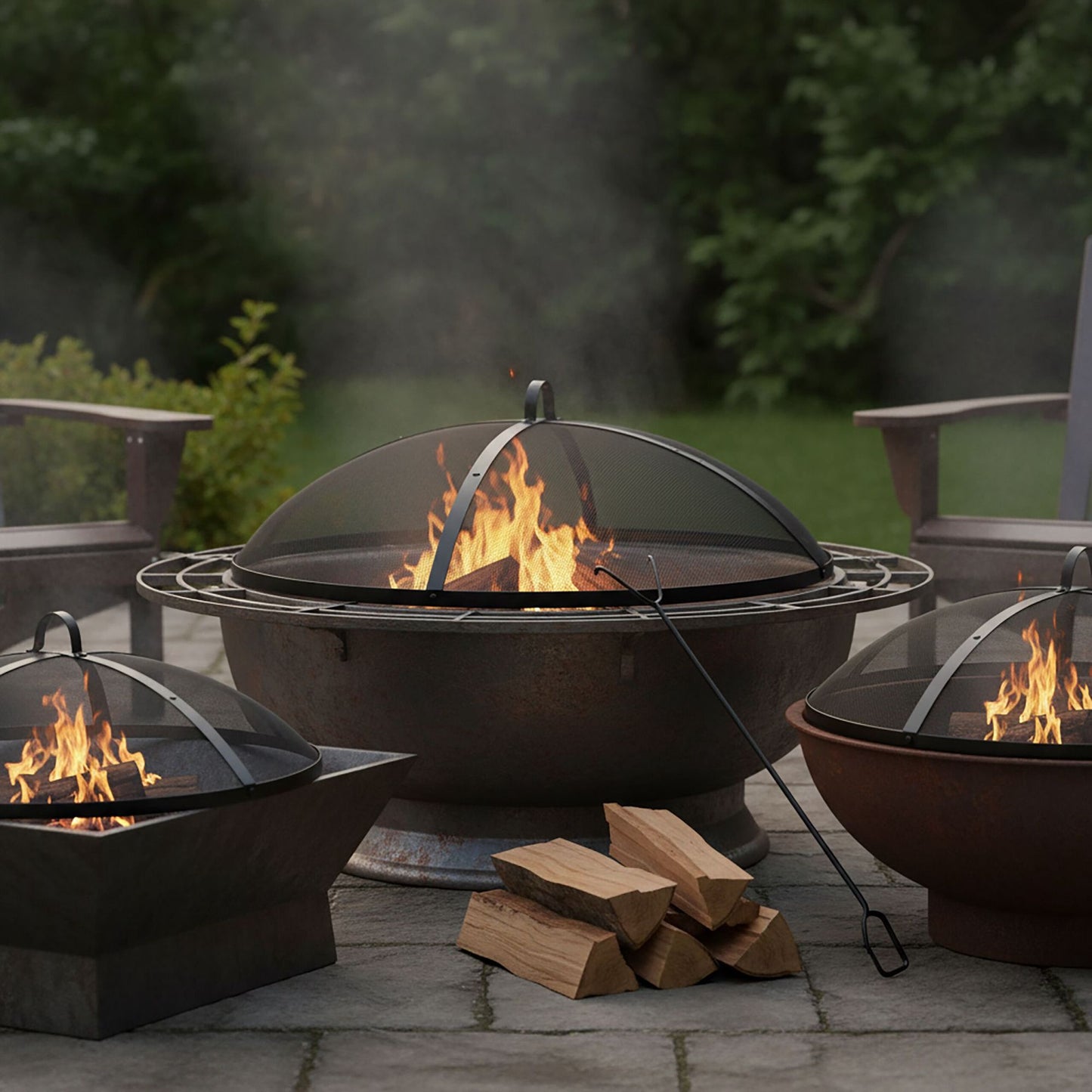 Fire Pit Spark Guard, Round Metal Mesh, Includes Poker