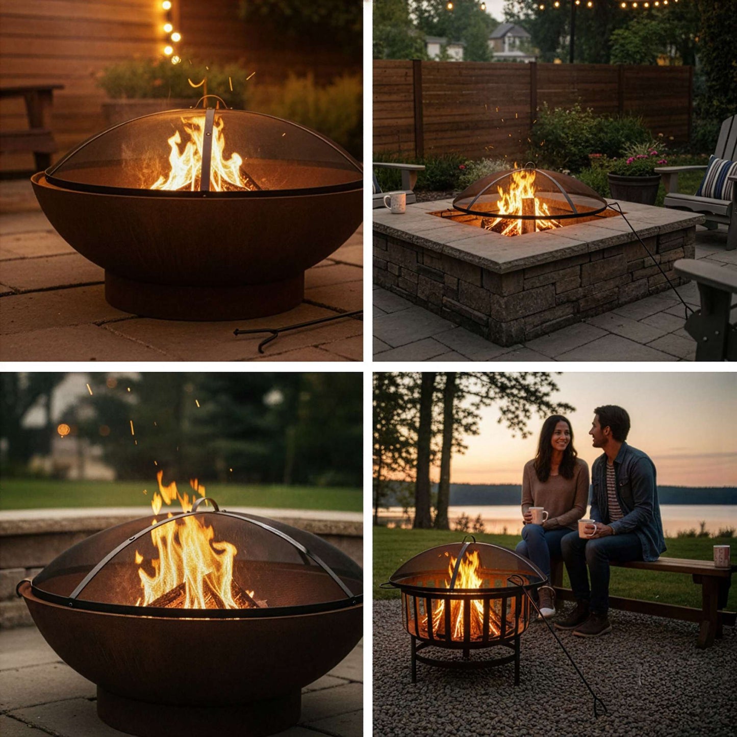 Fire Pit Spark Guard, Round Metal Mesh, Includes Poker