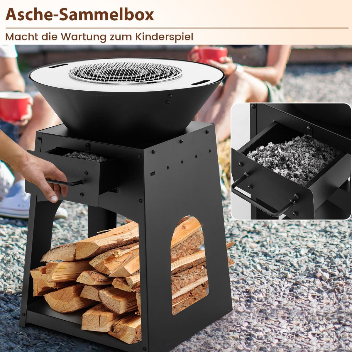 Fire Pit with Grill, Ash Box, Storage – 60x80 cm, Black