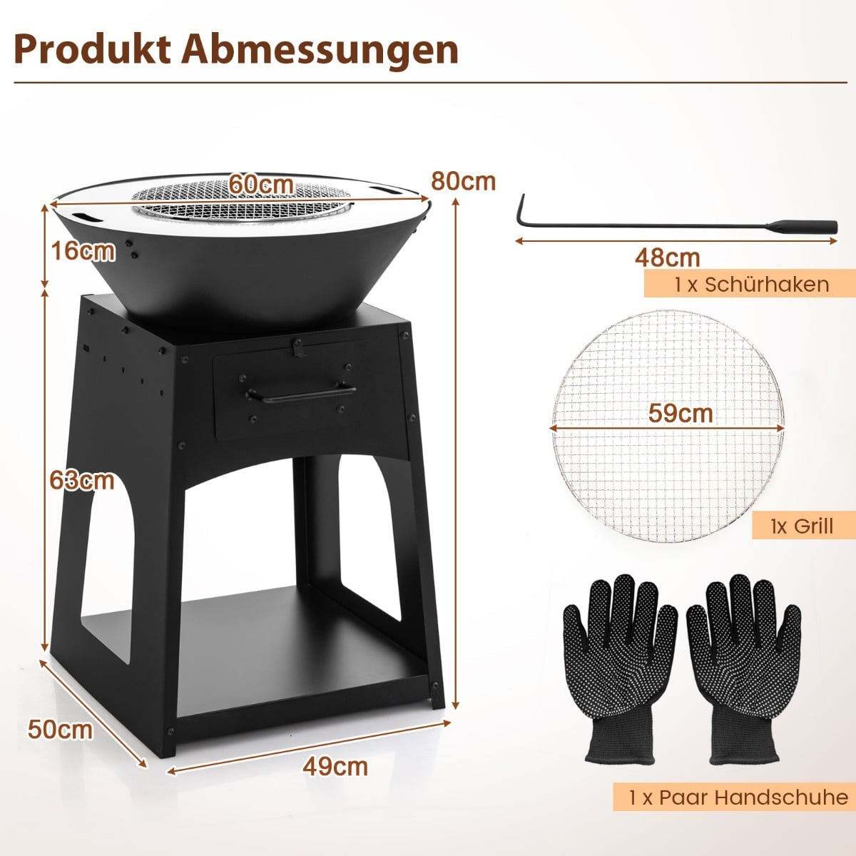 Fire Pit with Grill, Ash Box, Storage – 60x80 cm, Black