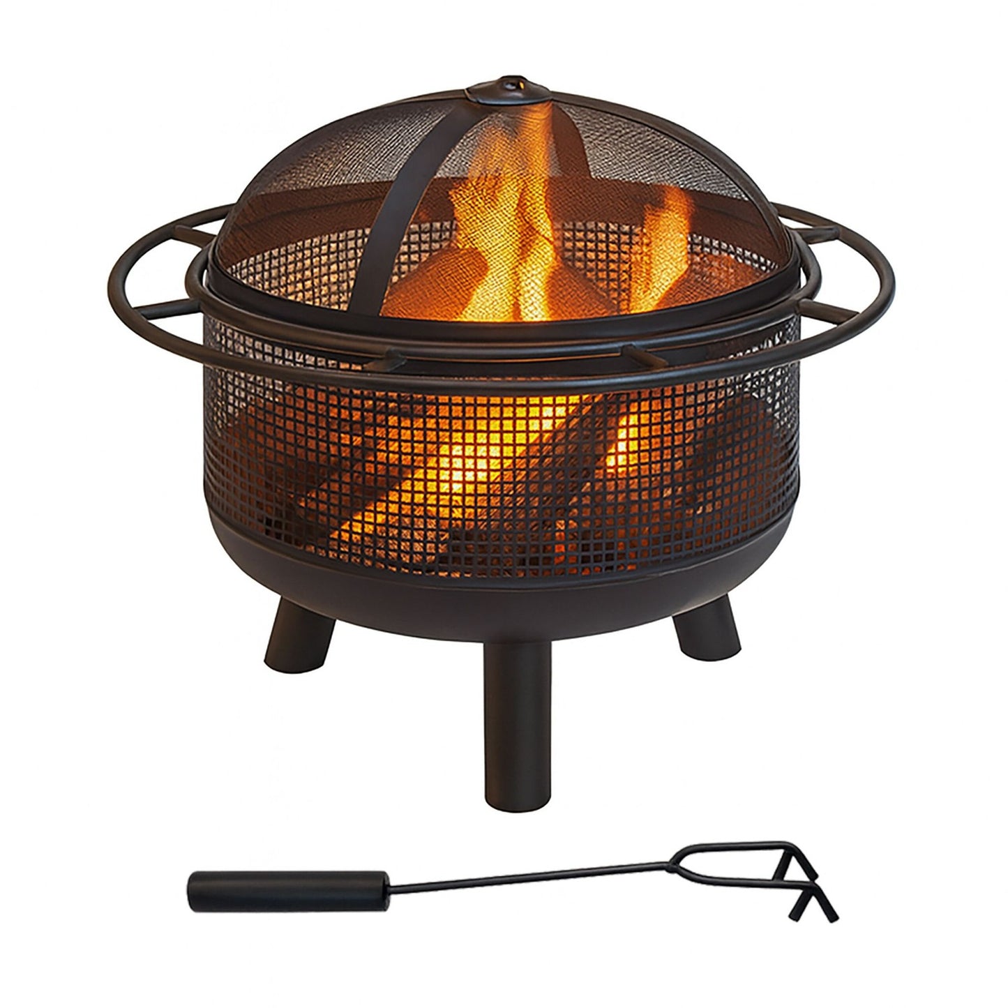 Fire Pit with Spark Guard & Poker – Black Metal Bowl