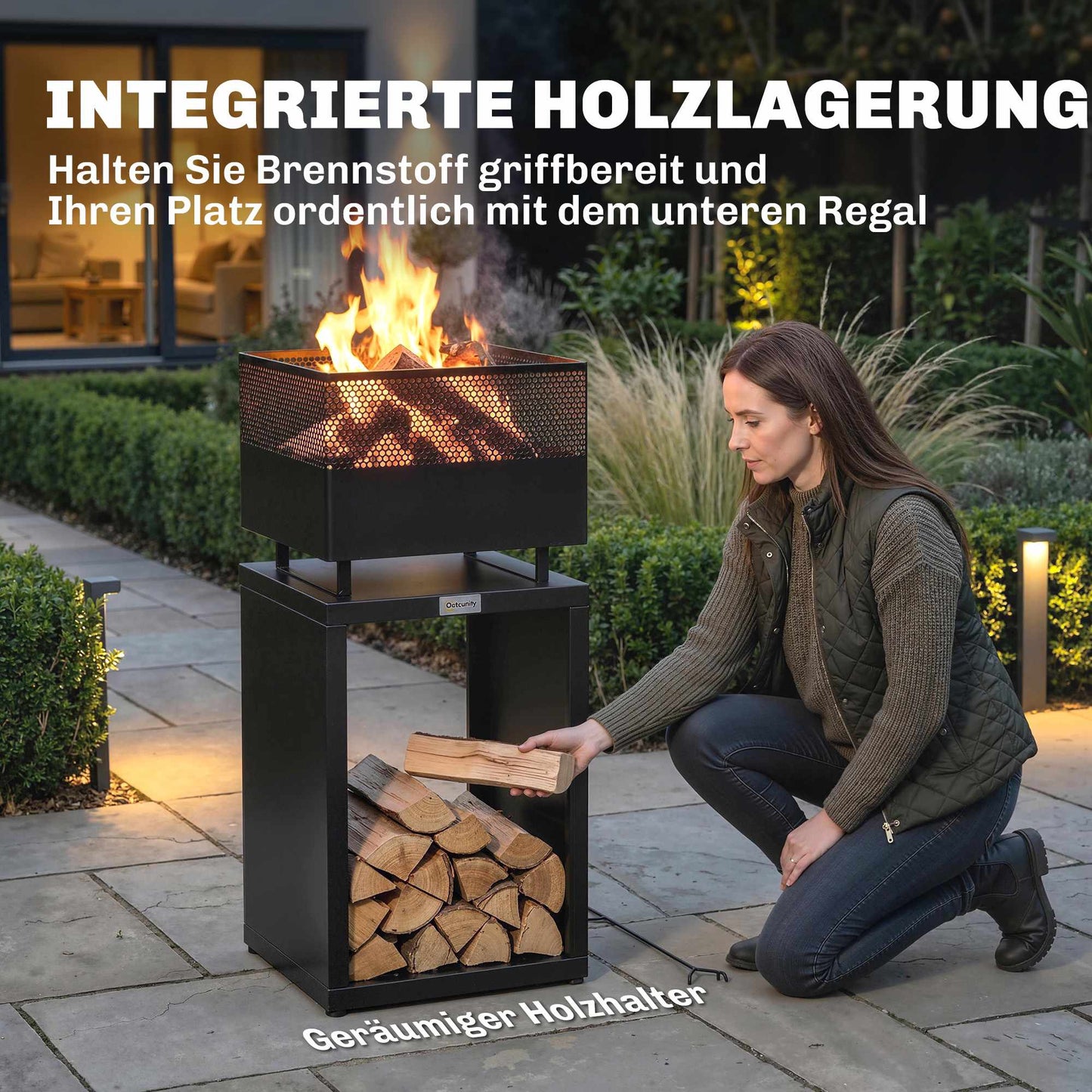 Fire Pit with Wood Storage, Adjustable Feet, 39x39x87 cm