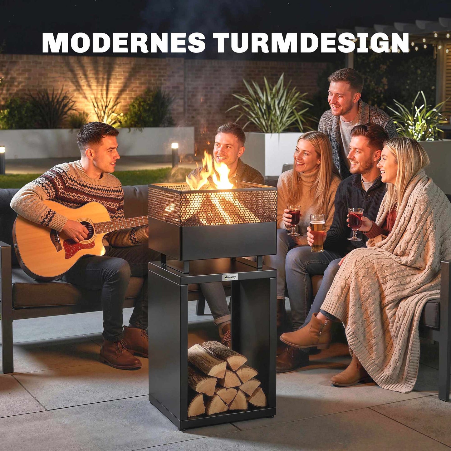 Fire Pit with Wood Storage, Adjustable Feet, 39x39x87 cm