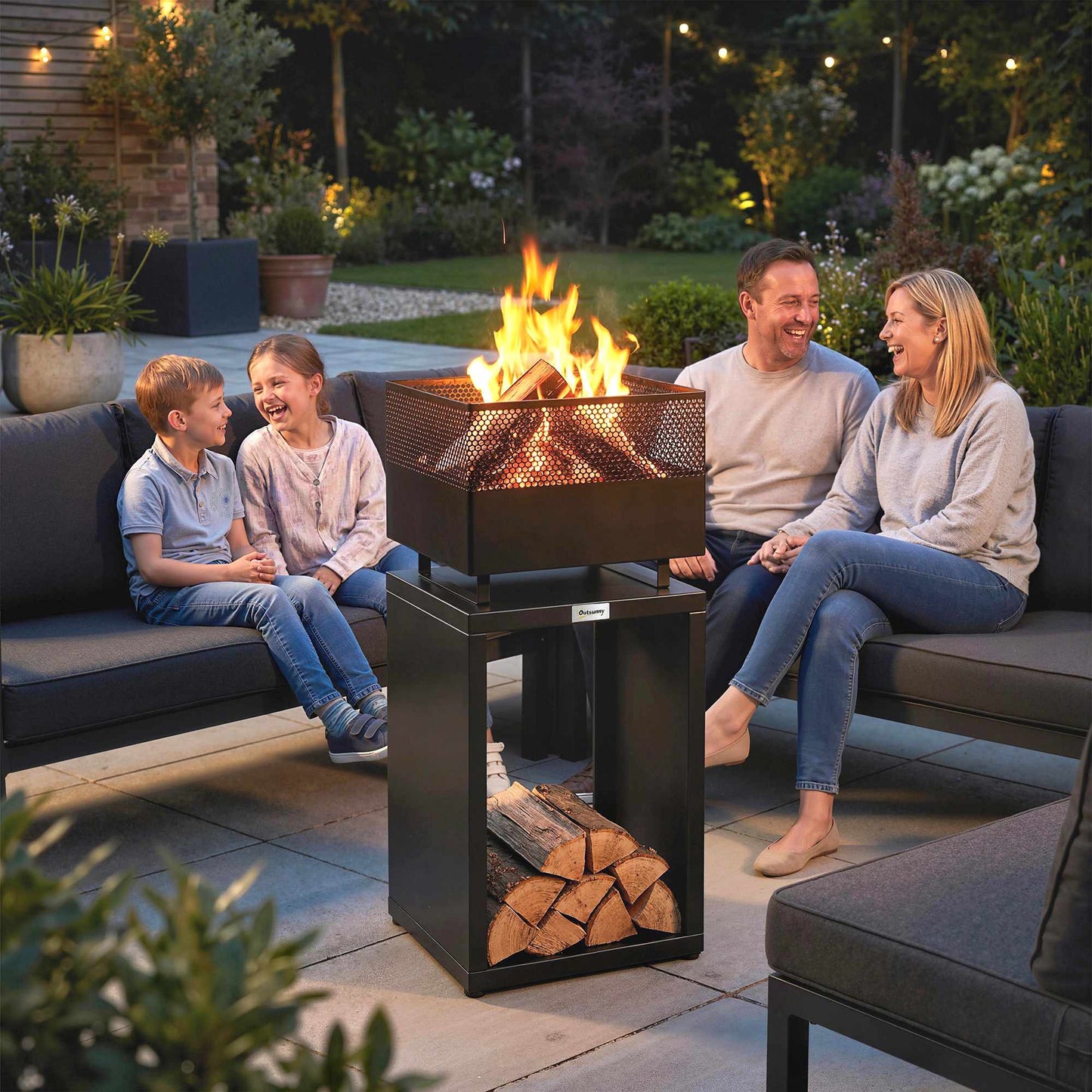 Fire Pit with Wood Storage, Adjustable Feet, 39x39x87 cm