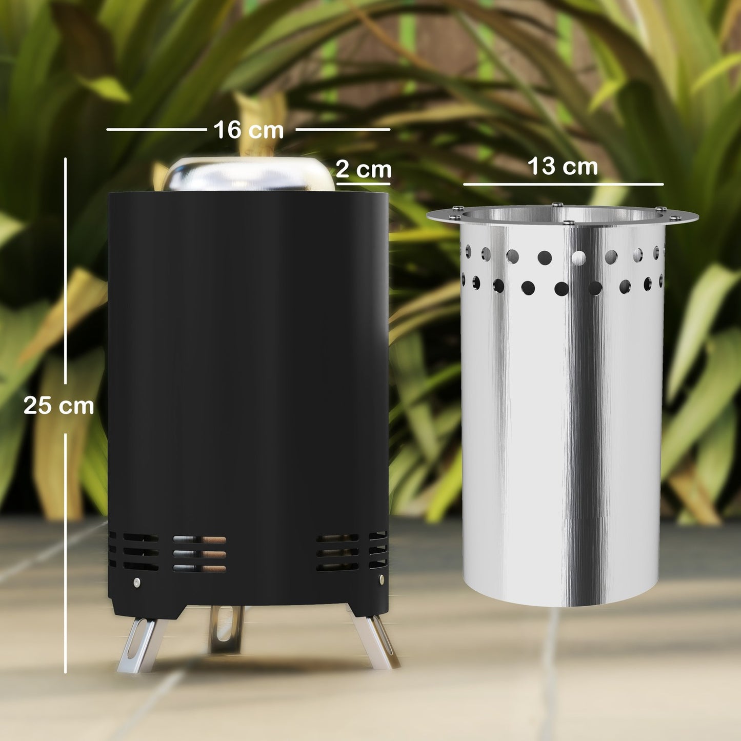 Stainless steel smoke-free fireplace with poker, Ø16x25cm