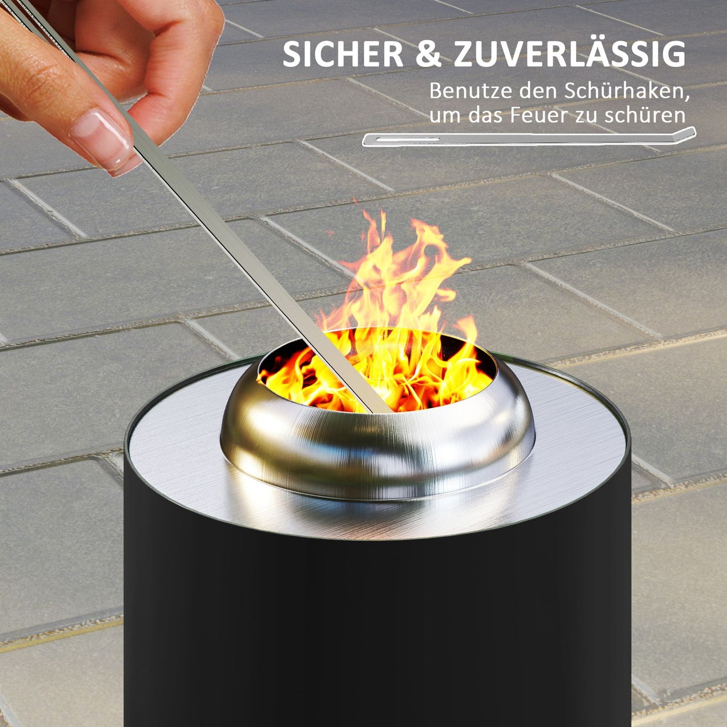 Stainless steel smoke-free fireplace with poker, Ø16x25cm