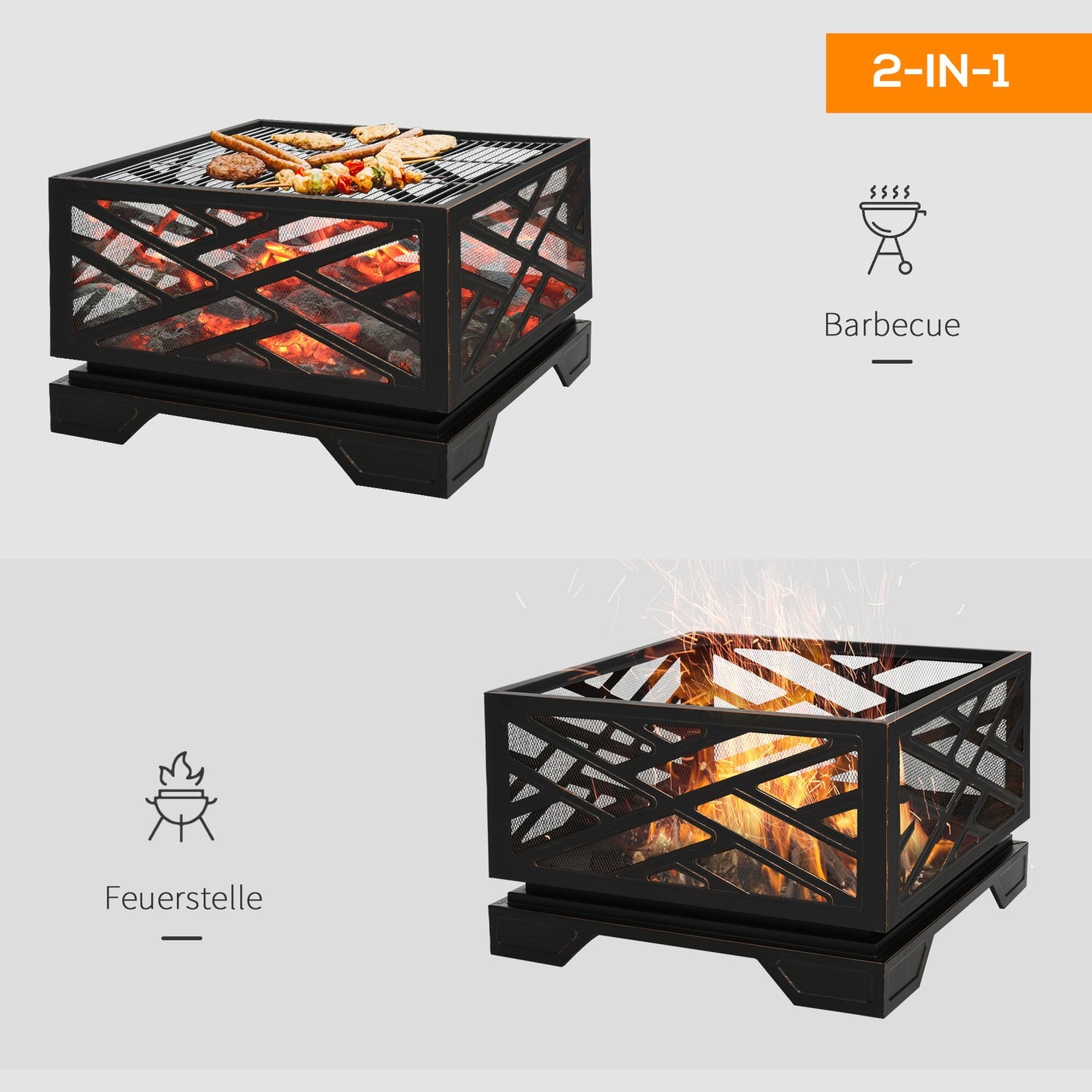 Metal Fire Bowl & BBQ Grill with spark guard, 66cm