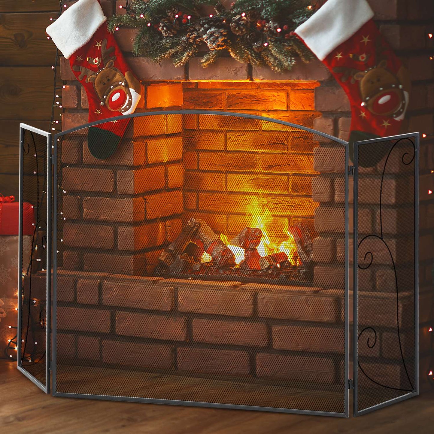 Fireplace Screen - Black Folding Metal Spark Guard