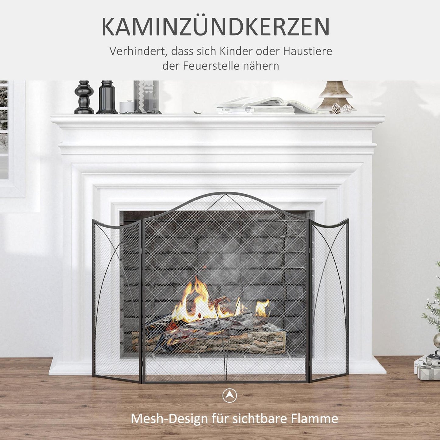 Folding black metal fireplace cover, 3-panel, 126 x 76cm