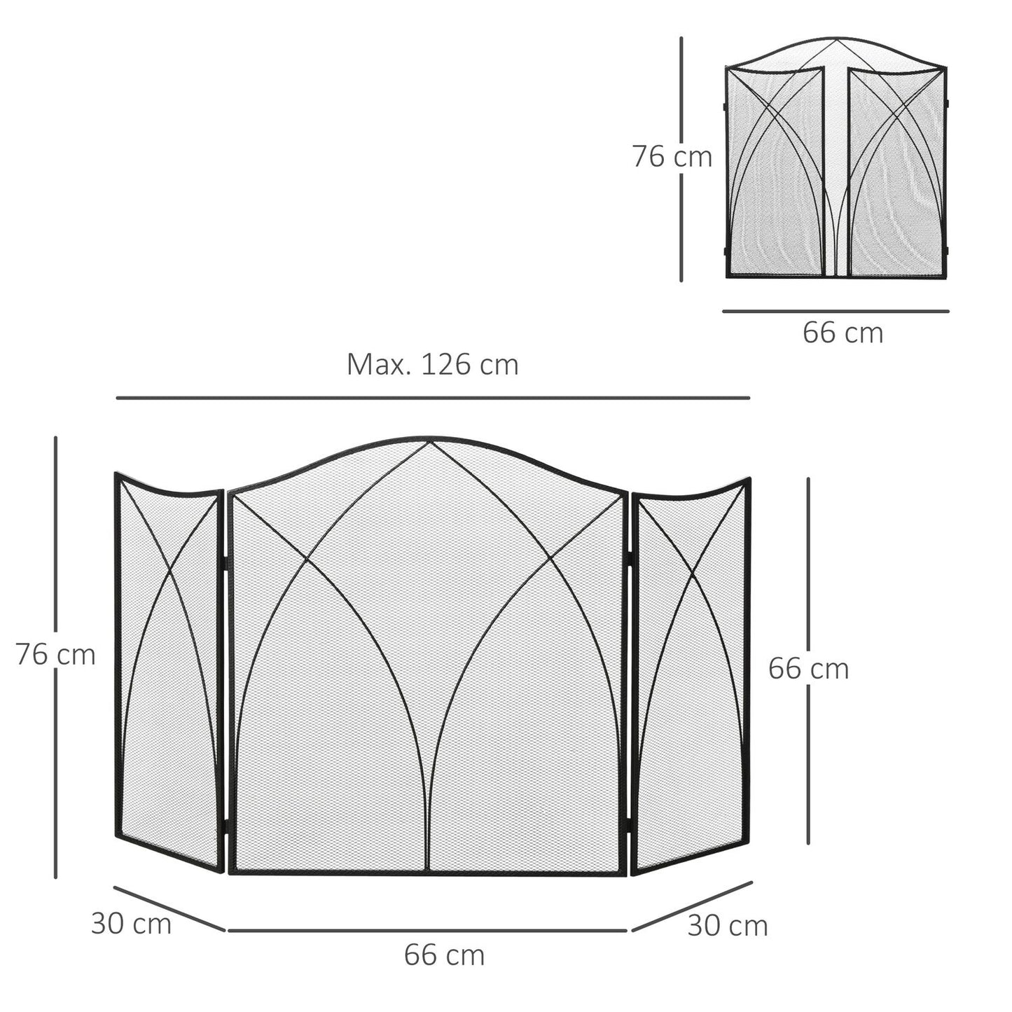Folding black metal fireplace cover, 3-panel, 126 x 76cm