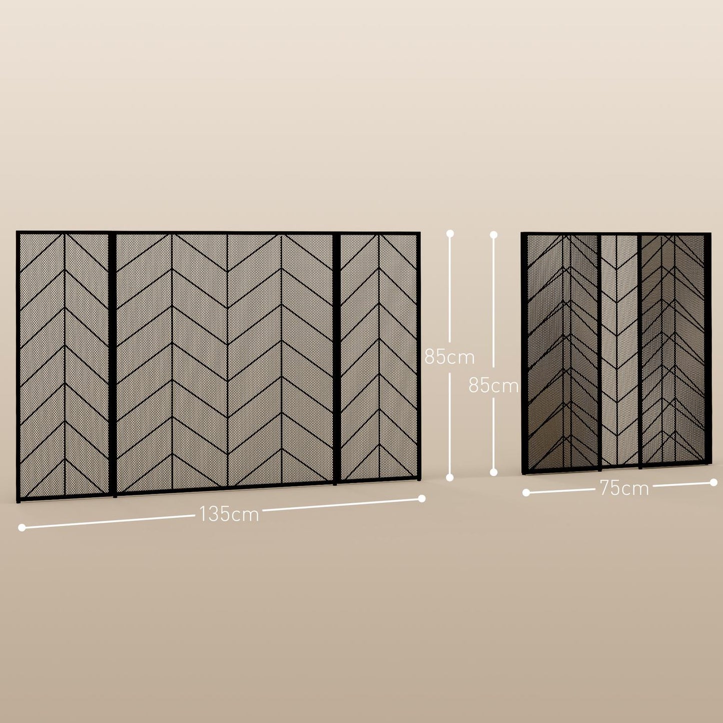 Folding steel fireplace cover with 3 panels, 135 x 85 cm
