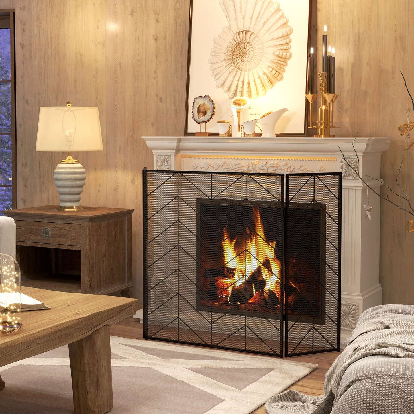 Folding steel fireplace cover with 3 panels, 135 x 85 cm