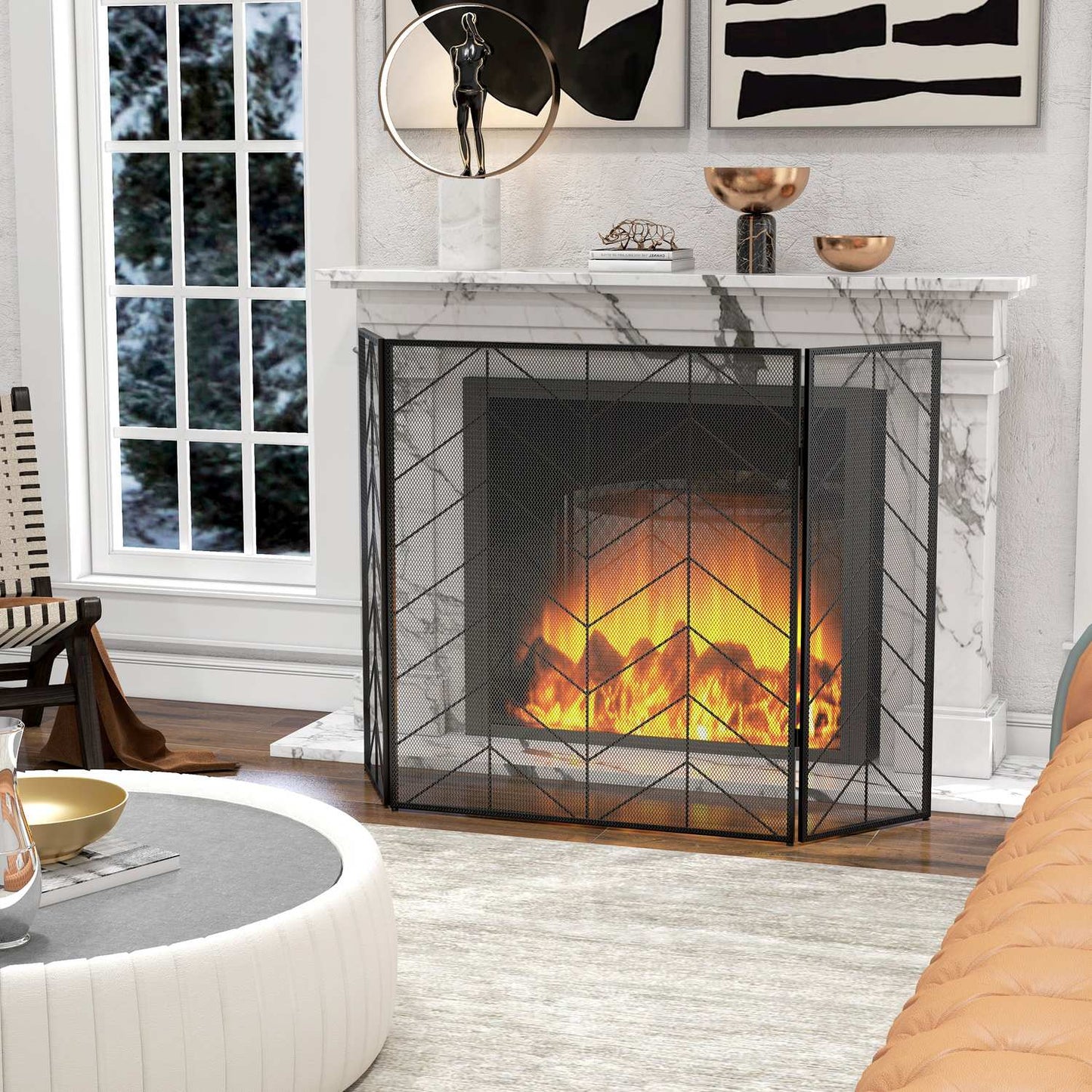 Folding steel fireplace cover with 3 panels, 135 x 85 cm
