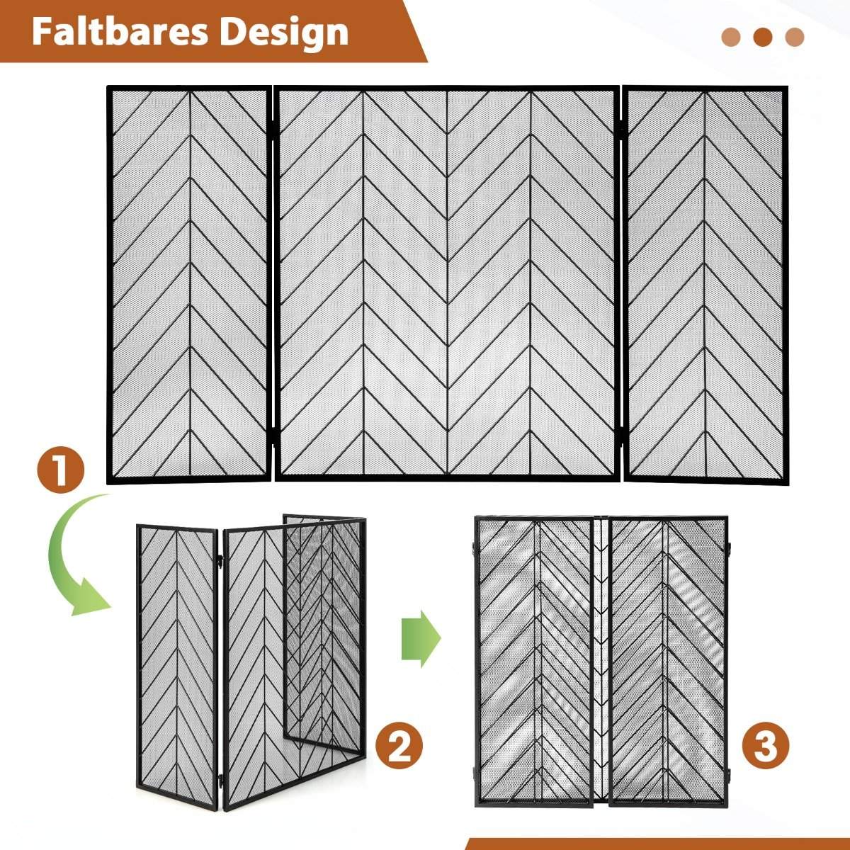 Fireplace Screen, 3-Panel Foldable Metal Frame, 133 x 78 cm