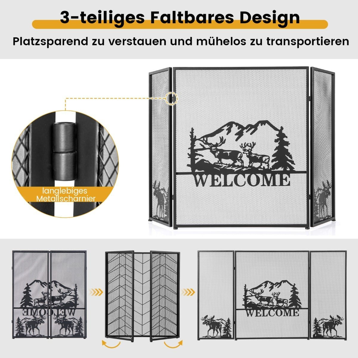 Fireplace Screen, 3-Panel Folding Metal Mesh, 132x79 cm