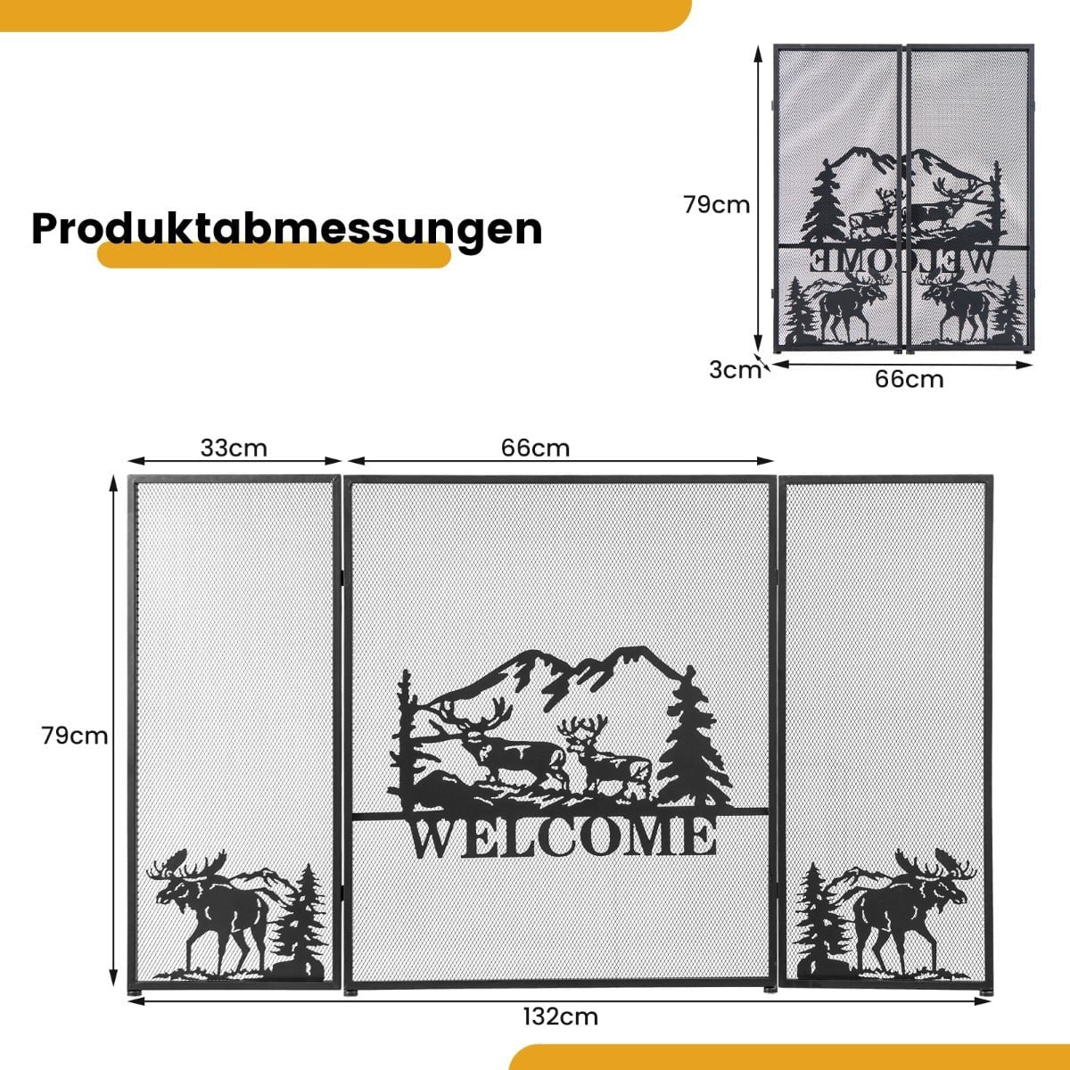 Fireplace Screen, 3-Panel Folding Metal Mesh, 132x79 cm