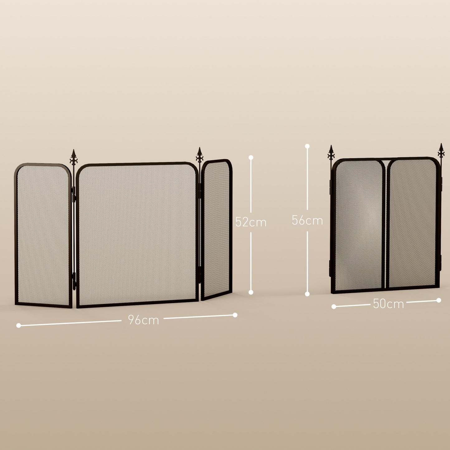 Folding metal fireplace screen, 3 panels, spark protection, black