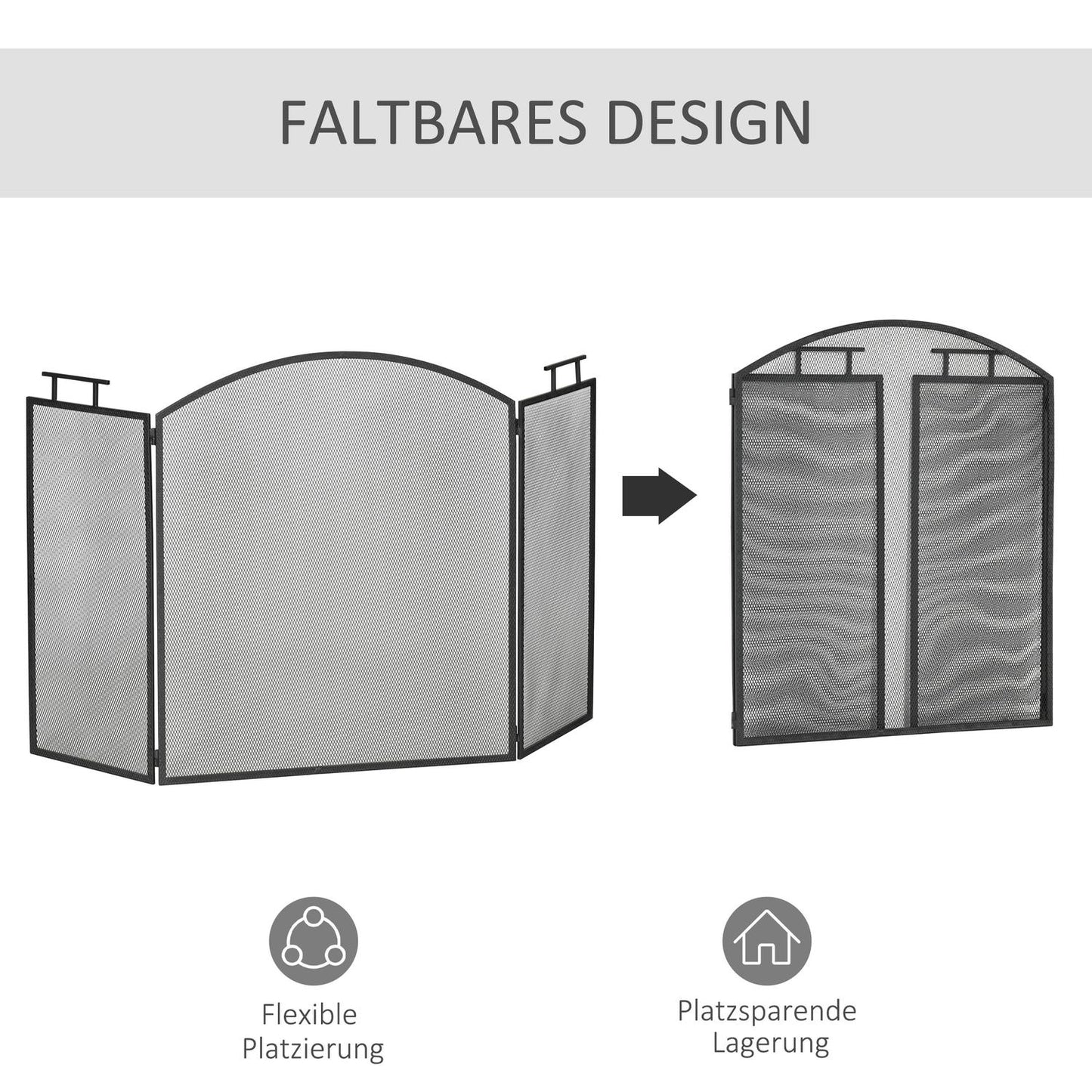 Fireplace Screen, Foldable Metal Spark Guard, Black, 110x24x76.5 cm