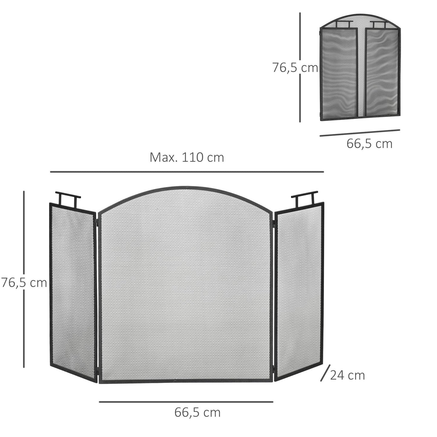 Fireplace Screen, Foldable Metal Spark Guard, Black, 110x24x76.5 cm