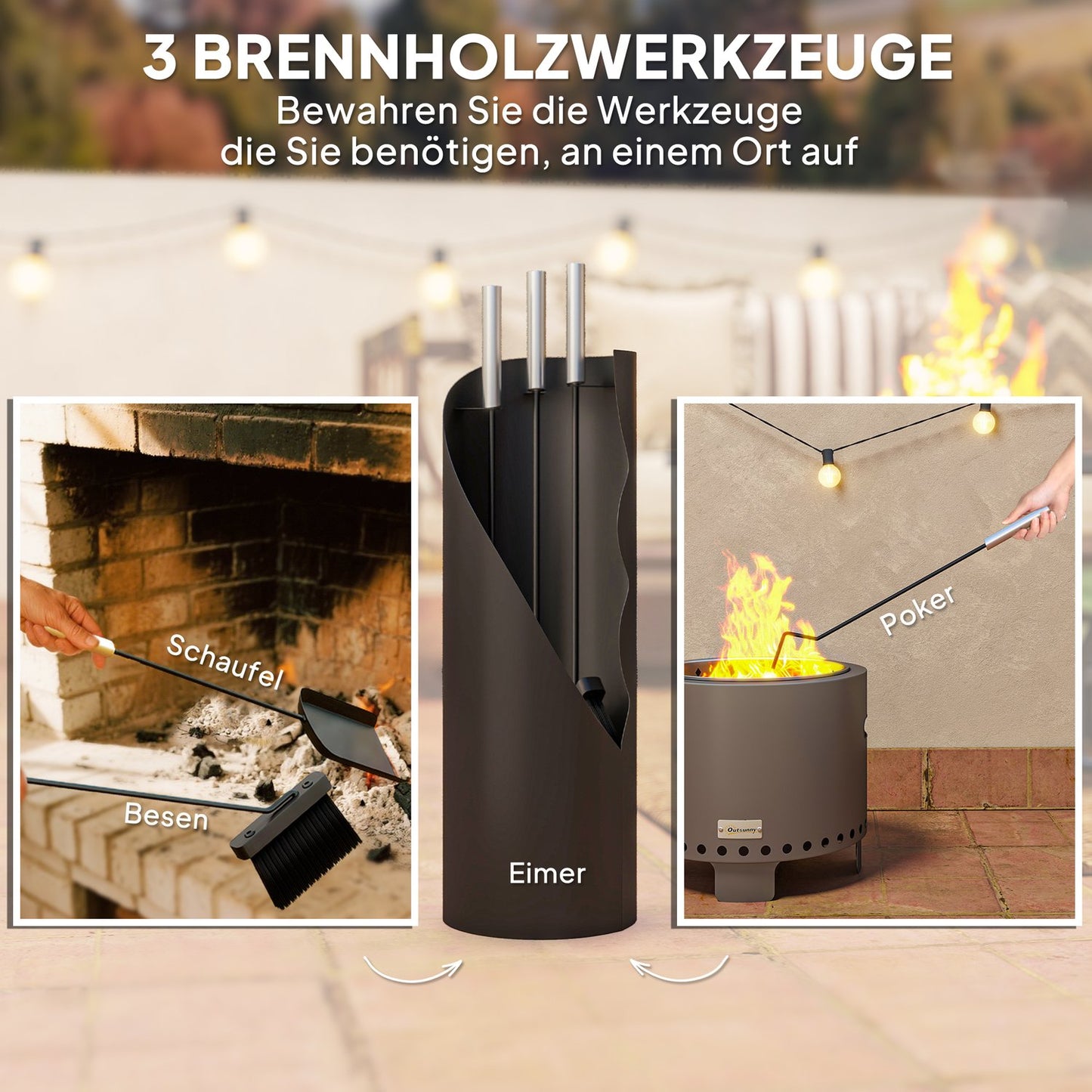 Fireplace Tool Set, 4-Piece, Metal, Black