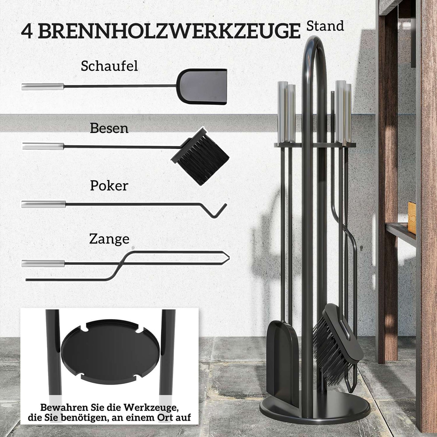 Fireplace Tool Set, 5-Piece with Stand, Brush, Shovel, Poker, Tongs