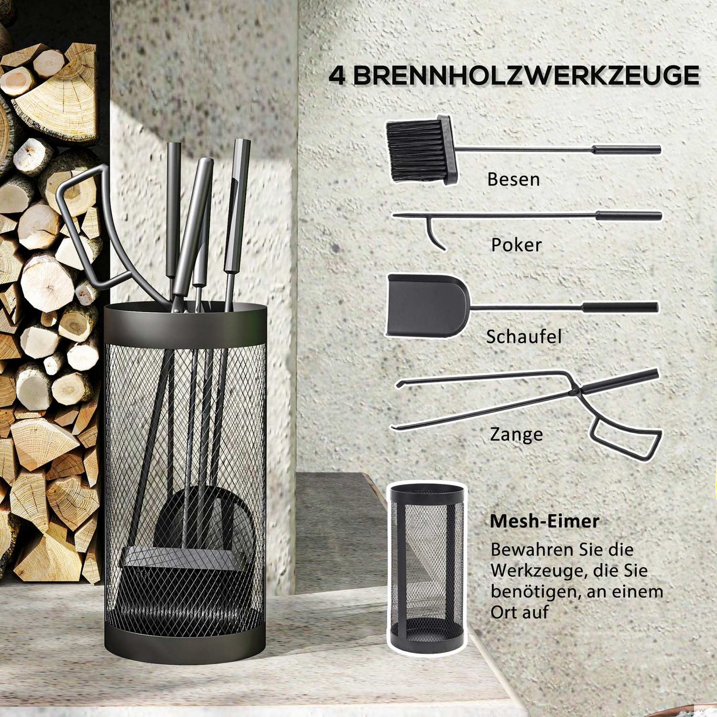 5 Piece Black Metal Stove Tool Set with Basket