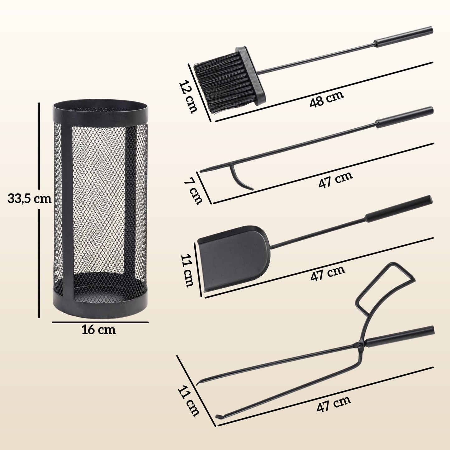 5 Piece Black Metal Stove Tool Set with Basket