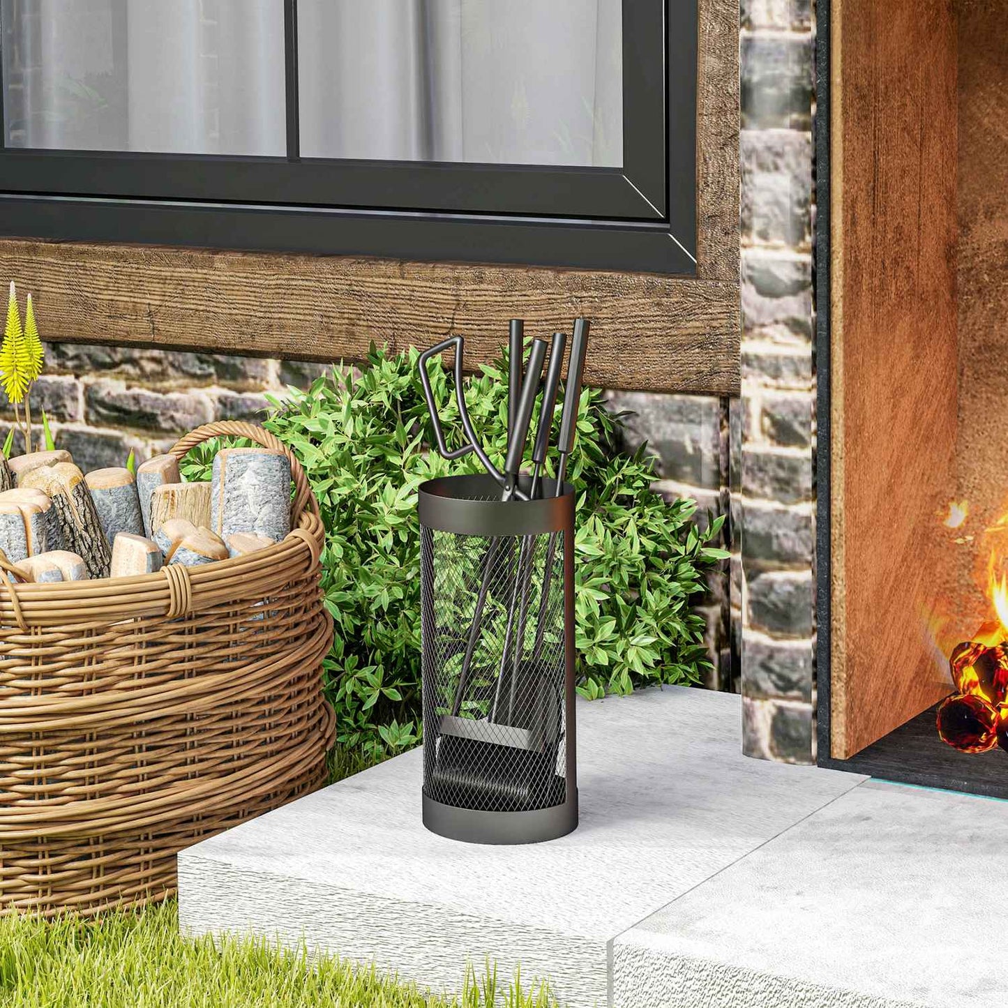 5 Piece Black Metal Stove Tool Set with Basket