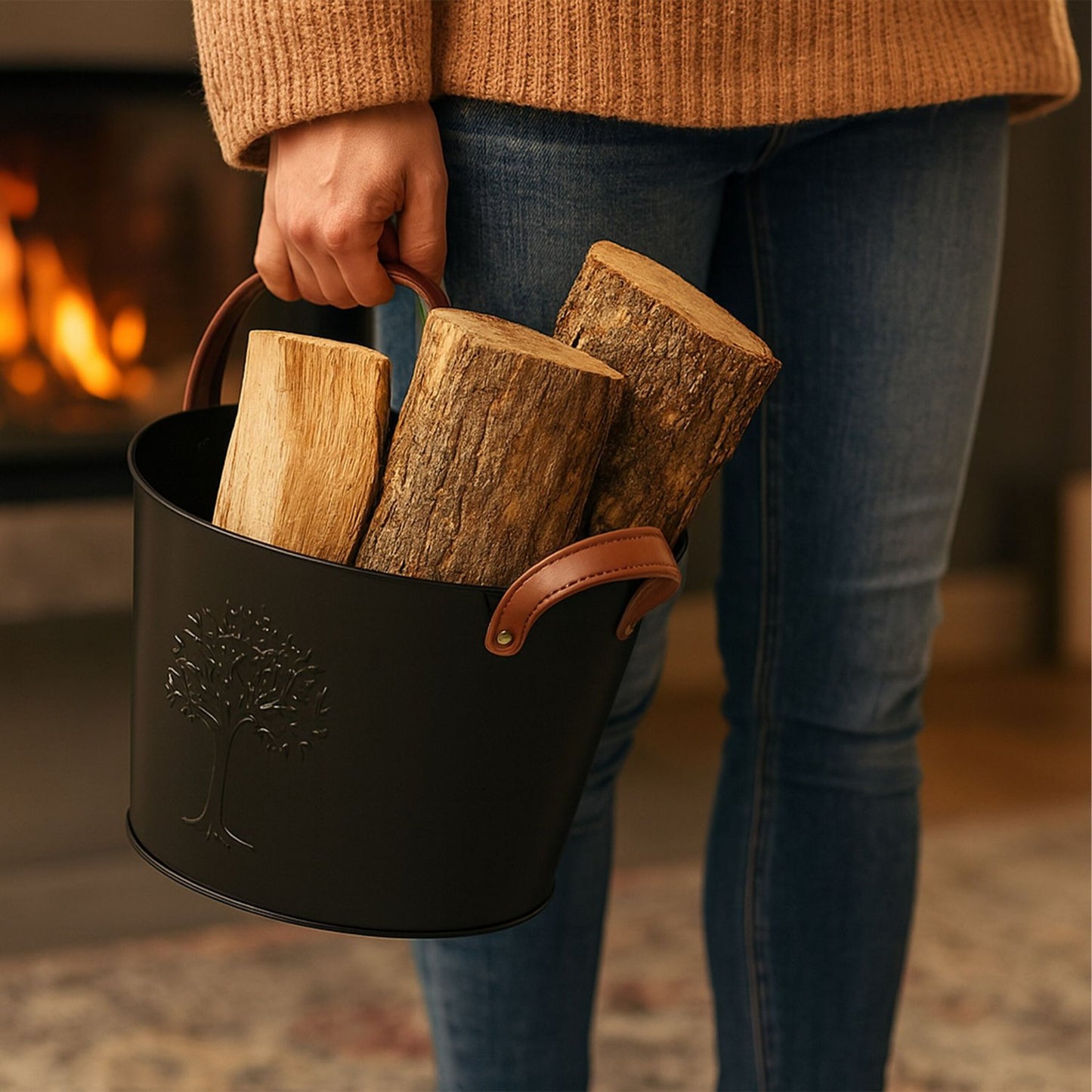 Firewood Baskets, 2 Pcs, Black Metal, Leather Handles